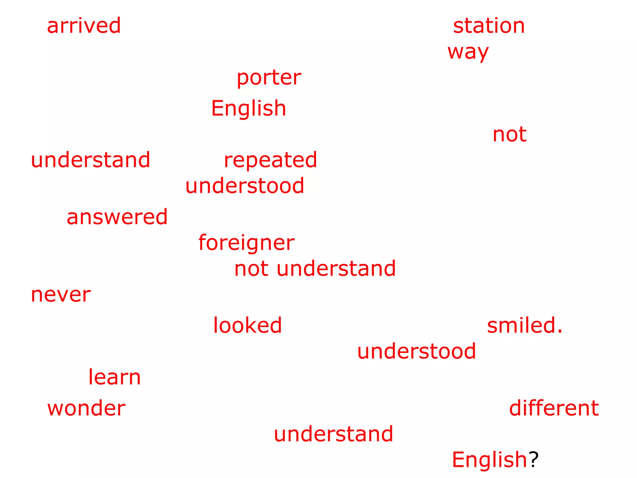 I  arrived  in London at last. The railway  station  was big, black and dark.I did not know the  way  to my hotel, so I asked a  porter . I not only spoke  English  very carefully, but very clearly as well. The porter, however, could  not understand   me. I  repeated  my question several times and at last he  understood .  He  answered  me, but he spoke neither slowly nor clearly. 'I am a  foreigner ,' I said. Then he spoke slowly, but I could  not understand  him .  My teacher  never   spoke English like that!  The porter and I  looked  at each other and  smiled.   Then he said something and I   understood  it. ' You'll soon   learn  English!' he said.  I  wonder . In England, each person speaks a  different  language. The English  understand  each other, but I don't understand them! Do they speak  English ? 