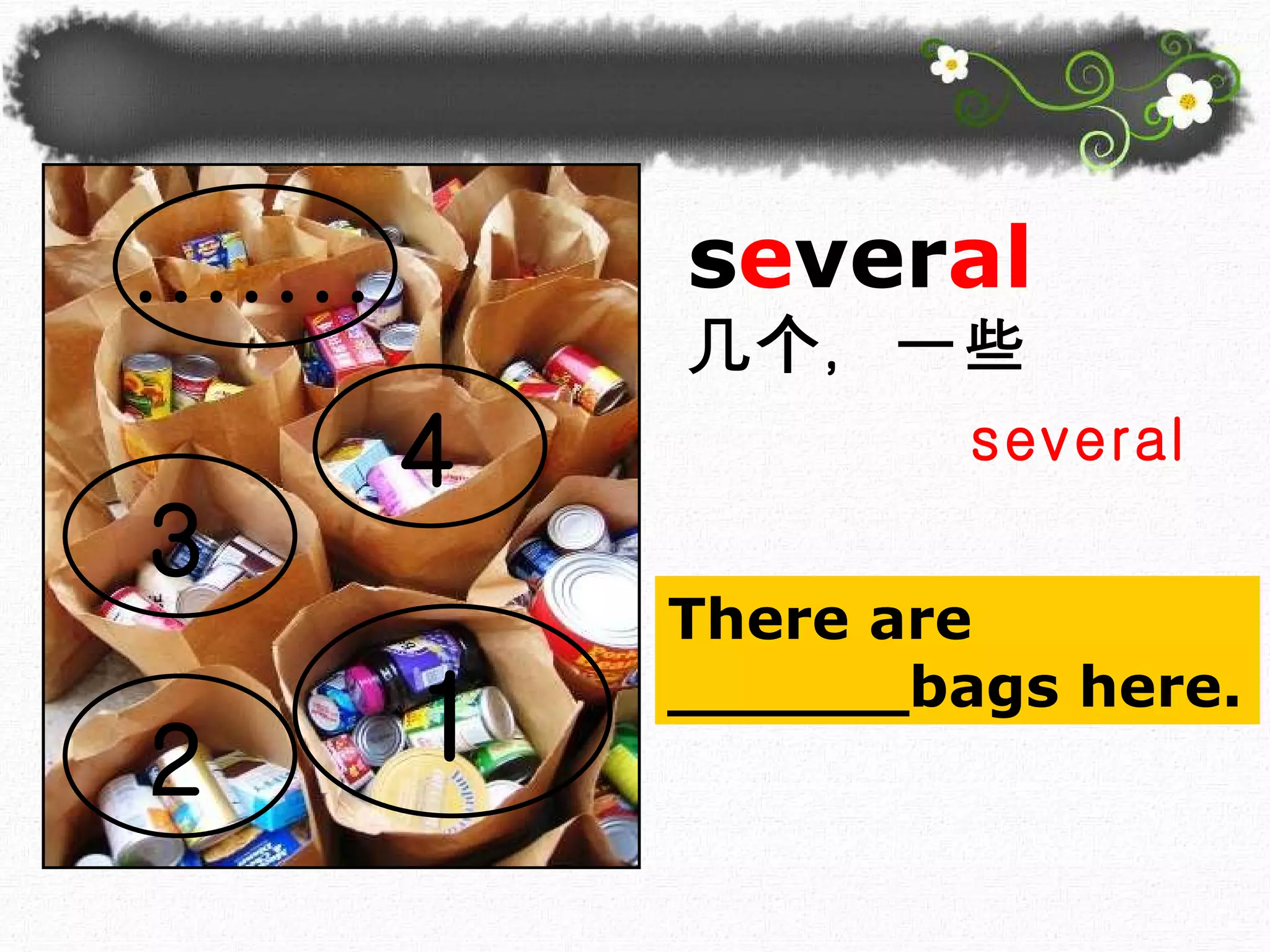 1 2 3 4 ....... s e ver al 几个，一些 There are  ______ bags here. several   