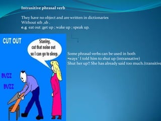 Intrasitive phrasal verb They have no object and are written in dictionaries Without sth ,sb .e.geat out ;get up ; wake up ; speak up.Some phrasal verbs can be used in bothways ‘ I told him to shut up (intransative)Shut her up!! She has already said too much.(transitive)