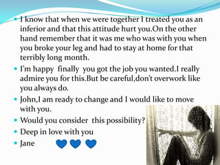 I know that when we were together I treated you as an inferior and that this attitude hurt you.On the other hand remember that it was me who was with you when you broke your leg and had to stay at home for that terribly long month.I’m happy  finally  you got the job you wanted.I really admire you for this.But be careful,don’t overwork like you always do.John,I am ready to change and I would like to move with you.Would you consider  this possibility?Deep in love with youJane  