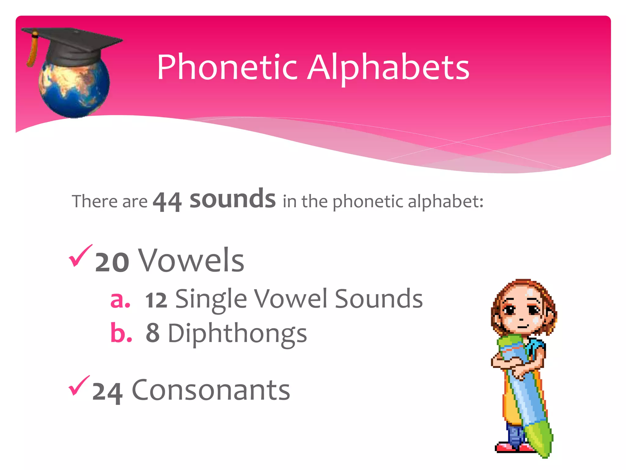 There are 44 sounds in the phonetic alphabet:
20 Vowels
a. 12 Single Vowel Sounds
b. 8 Diphthongs
24 Consonants
Phonetic Alphabets
 