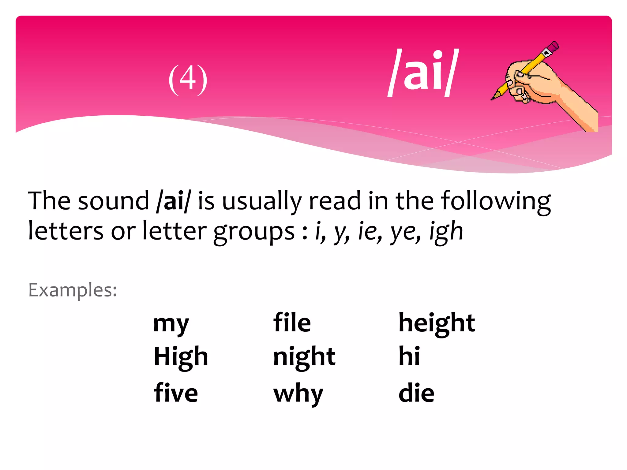 The sound /ai/ is usually read in the following
letters or letter groups : i, y, ie, ye, igh
Examples:
my file height
High night hi
five why die
(4) /ai/
 