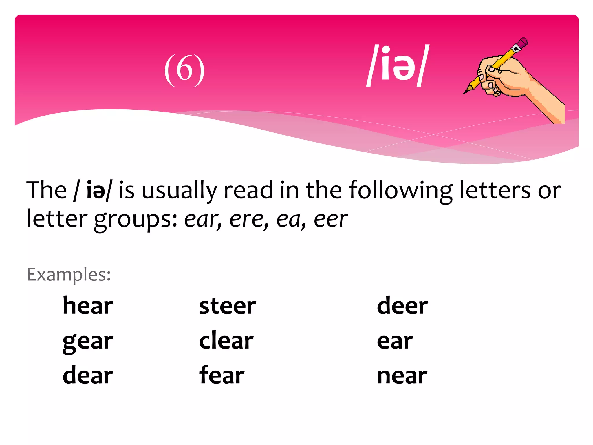 The / iә/ is usually read in the following letters or
letter groups: ear, ere, ea, eer
Examples:
hear steer deer
gear clear ear
dear fear near
(6) /iә/
 