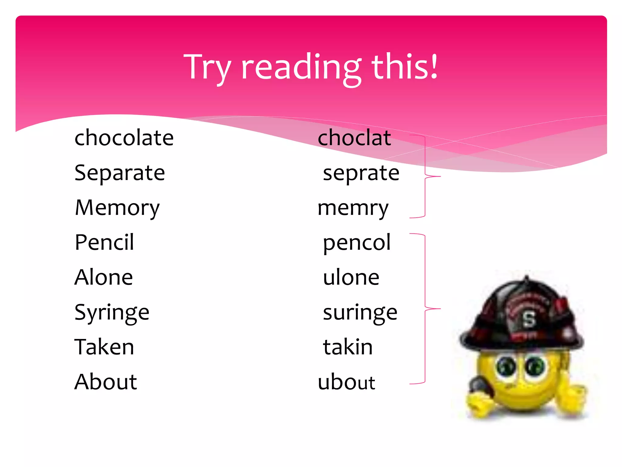 chocolate choclat
Separate seprate
Memory memry
Pencil pencol
Alone ulone
Syringe suringe
Taken takin
About ubout
Try reading this!
 