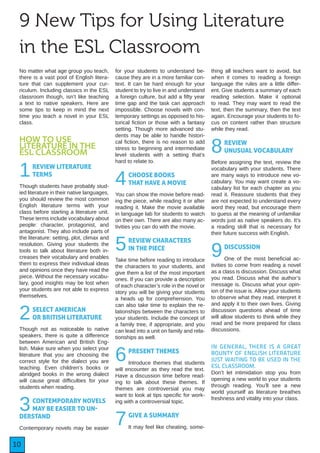 10
9 New Tips for Using Literature
in the ESL Classroom
No matter what age group you teach,
there is a vast pool of English litera-
ture that can supplement your cur-
riculum. Including classics in the ESL
classroom though, isn’t like teaching
a text to native speakers. Here are
some tips to keep in mind the next
time you teach a novel in your ESL
class.
HOW TO USE
LITERATURE IN THE
ESL CLASSROOM
1REVIEW LITERATURE
TERMS
Though students have probably stud-
ied literature in their native languages,
you should review the most common
English literature terms with your
class before starting a literature unit.
These terms include vocabulary about
people: character, protagonist, and
antagonist. They also include parts of
the literature: setting, plot, climax and
resolution. Giving your students the
tools to talk about literature both in-
creases their vocabulary and enables
them to express their individual ideas
and opinions once they have read the
piece. Without the necessary vocabu-
lary, good insights may be lost when
your students are not able to express
themselves.
2SELECT AMERICAN
OR BRITISH LITERATURE
Though not as noticeable to native
speakers, there is quite a difference
between American and British Eng-
lish. Make sure when you select your
literature that you are choosing the
correct style for the dialect you are
teaching. Even children’s books or
abridged books in the wrong dialect
will cause great difficulties for your
students when reading.
3CONTEMPORARY NOVELS
MAY BE EASIER TO UN-
DERSTAND
Contemporary novels may be easier
for your students to understand be-
cause they are in a more familiar con-
text. It can be hard enough for your
student to try to live in and understand
a foreign culture, but add a fifty year
time gap and the task can approach
impossible. Choose novels with con-
temporary settings as opposed to his-
torical fiction or those with a fantasy
setting. Though more advanced stu-
dents may be able to handle histori-
cal fiction, there is no reason to add
stress to beginning and intermediate
level students with a setting that’s
hard to relate to.
4CHOOSE BOOKS
THAT HAVE A MOVIE
You can show the movie before read-
ing the piece, while reading it or after
reading it. Make the movie available
in language lab for students to watch
on their own. There are also many ac-
tivities you can do with the movie.
5REVIEW CHARACTERS
IN THE PIECE
Take time before reading to introduce
the characters to your students, and
give them a list of the most important
ones. If you can provide a description
of each character’s role in the novel or
story you will be giving your students
a heads up for comprehension. You
can also take time to explain the re-
lationships between the characters to
your students. Include the concept of
a family tree, if appropriate, and you
can lead into a unit on family and rela-
tionships as well.
6PRESENT THEMES
Introduce themes that students
will encounter as they read the text.
Have a discussion time before read-
ing to talk about these themes. If
themes are controversial you may
want to look at tips specific for work-
ing with a controversial topic.
7GIVE A SUMMARY
It may feel like cheating, some-
thing all teachers want to avoid, but
when it comes to reading a foreign
language the rules are a little differ-
ent. Give students a summary of each
reading selection. Make it optional
to read. They may want to read the
text, then the summary, then the text
again. Encourage your students to fo-
cus on content rather than structure
while they read.
8REVIEW
UNUSUAL VOCABULARY
Before assigning the text, review the
vocabulary with your students. There
are many ways to introduce new vo-
cabulary. You may want create a vo-
cabulary list for each chapter as you
read it. Reassure students that they
are not expected to understand every
word they read, but encourage them
to guess at the meaning of unfamiliar
words just as native speakers do. It’s
a reading skill that is necessary for
their future success with English.
9DISCUSSION
One of the most beneficial ac-
tivities to come from reading a novel
as a class is discussion. Discuss what
you read. Discuss what the author’s
message is. Discuss what your opin-
ion of the issue is. Allow your students
to observe what they read, interpret it
and apply it to their own lives. Giving
discussion questions ahead of time
will allow students to think while they
read and be more prepared for class
discussions.
IN GENERAL, THERE IS A GREAT
BOUNTY OF ENGLISH LITERATURE
JUST WAITING TO BE USED IN THE
ESL CLASSROOM.
Don’t let intimidation stop you from
opening a new world to your students
through reading. You’ll see a new
world yourself as literature breathes
freshness and vitality into your class.
 