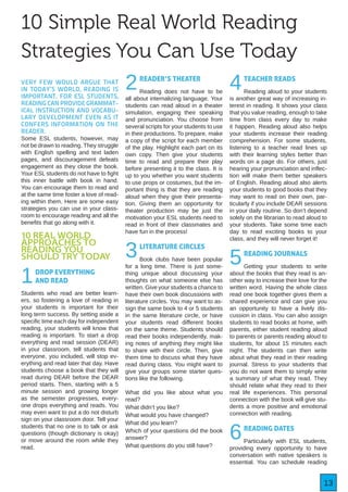 13
VERY FEW WOULD ARGUE THAT
IN TODAY’S WORLD, READING IS
IMPORTANT. FOR ESL STUDENTS,
READING CAN PROVIDE GRAMMAT-
ICAL INSTRUCTION AND VOCABU-
LARY DEVELOPMENT EVEN AS IT
CONFERS INFORMATION ON THE
READER.
Some ESL students, however, may
not be drawn to reading. They struggle
with English spelling and text laden
pages, and discouragement defeats
engagement as they close the book.
Your ESL students do not have to fight
this inner battle with book in hand.
You can encourage them to read and
at the same time foster a love of read-
ing within them. Here are some easy
strategies you can use in your class-
room to encourage reading and all the
benefits that go along with it.
10 REAL WORLD
APPROACHES TO
READING YOU
SHOULD TRY TODAY
1DROP EVERYTHING
AND READ
Students who read are better learn-
ers, so fostering a love of reading in
your students is important for their
long term success. By setting aside a
specific time each day for independent
reading, your students will know that
reading is important. To start a drop
everything and read session (DEAR)
in your classroom, tell students that
everyone, you included, will stop ev-
erything and read later that day. Have
students choose a book that they will
read during DEAR before the DEAR
period starts. Then, starting with a 5
minute session and growing longer
as the semester progresses, every-
one drops everything and reads. You
may even want to put a do not disturb
sign on your classroom door. Tell your
students that no one is to talk or ask
questions (though dictionary is okay)
or move around the room while they
read.
2READER’S THEATER
Reading does not have to be
all about internalizing language. Your
students can read aloud in a theater
simulation, engaging their speaking
and pronunciation. You choose from
several scripts for your students to use
in their productions. To prepare, make
a copy of the script for each member
of the play. Highlight each part on its
own copy. Then give your students
time to read and prepare their play
before presenting it to the class. It is
up to you whether you want students
to use props or costumes, but the im-
portant thing is that they are reading
aloud when they give their presenta-
tion. Giving them an opportunity for
theater production may be just the
motivation your ESL students need to
read in front of their classmates and
have fun in the process!
3LITERATURE CIRCLES
Book clubs have been popular
for a long time. There is just some-
thing unique about discussing your
thoughts on what someone else has
written. Give your students a chance to
have their own book discussions with
literature circles. You may want to as-
sign the same book to 4 or 5 students
in the same literature circle, or have
your students read different books
on the same theme. Students should
read their books independently, mak-
ing notes of anything they might like
to share with their circle. Then, give
them time to discuss what they have
read during class. You might want to
give your groups some starter ques-
tions like the following.
What did you like about what you
read?
What didn’t you like?
What would you have changed?
What did you learn?
Which of your questions did the book
answer?
What questions do you still have?
4TEACHER READS
Reading aloud to your students
is another great way of increasing in-
terest in reading. It shows your class
that you value reading, enough to take
time from class every day to make
it happen. Reading aloud also helps
your students increase their reading
comprehension. For some students,
listening to a teacher read lines up
with their learning styles better than
words on a page do. For others, just
hearing your pronunciation and inflec-
tion will make them better speakers
of English. Reading aloud also alerts
your students to good books that they
may want to read on their own, par-
ticularly if you include DEAR sessions
in your daily routine. So don’t depend
solely on the librarian to read aloud to
your students. Take some time each
day to read exciting books to your
class, and they will never forget it!
5READING JOURNALS
Getting your students to write
about the books that they read is an-
other way to increase their love for the
written word. Having the whole class
read one book together gives them a
shared experience and can give you
an opportunity to have a lively dis-
cussion in class. You can also assign
students to read books at home, with
parents, either student reading aloud
to parents or parents reading aloud to
students, for about 15 minutes each
night. The students can then write
about what they read in their reading
journal. Stress to your students that
you do not want them to simply write
a summary of what they read. They
should relate what they read to their
real life experiences. This personal
connection with the book will give stu-
dents a more positive and emotional
connection with reading.
6READING DATES
Particularly with ESL students,
providing every opportunity to have
conversation with native speakers is
essential. You can schedule reading
10 Simple Real World Reading
Strategies You Can Use Today
 