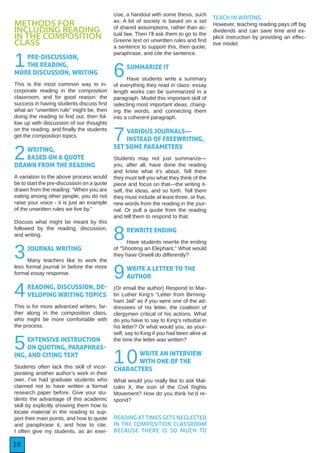 16
METHODS FOR
INCLUDING READING
IN THE COMPOSITION
CLASS
1PRE-DISCUSSION,
THE READING,
MORE DISCUSSION, WRITING
This is the most common way to in-
corporate reading in the composition
classroom, and for good reason: the
success in having students discuss first
what an “unwritten rule” might be, then
doing the reading to find out, then fol-
low up with discussion of our thoughts
on the reading, and finally the students
get the composition topics.
2WRITING,
BASED ON A QUOTE
DRAWN FROM THE READING
A variation to the above process would
be to start the pre-discussion on a quote
drawn from the reading: “When you are
eating among other people, you do not
raise your voice - it is just an example
of the unwritten rules we live by.”
Discuss what might be meant by this
followed by the reading, discussion,
and writing.
3JOURNAL WRITING
Many teachers like to work the
less formal journal in before the more
formal essay response.
4READING, DISCUSSION, DE-
VELOPING WRITING TOPICS
This is for more advanced writers, far-
ther along in the composition class,
who might be more comfortable with
the process.
5EXTENSIVE INSTRUCTION
ON QUOTING, PARAPHRAS-
ING, AND CITING TEXT
Students often lack this skill of incor-
porating another author’s work in their
own. I’ve had graduate students who
claimed not to have written a formal
research paper before. Give your stu-
dents the advantage of this academic
skill by explicitly showing them how to
locate material in the reading to sup-
port their main points, and how to quote
and paraphrase it, and how to cite.
I often give my students, as an exer-
cise, a handout with some thesis, such
as: A lot of society is based on a set
of shared assumptions, rather than ac-
tual law. Then I’ll ask them to go to the
Greene text on unwritten rules and find
a sentence to support this, then quote,
paraphrase, and cite the sentence.
6SUMMARIZE IT
Have students write a summary
of everything they read in class: essay
length works can be summarized in a
paragraph. Model this important skill of
selecting most important ideas, chang-
ing the words, and connecting them
into a coherent paragraph.
7VARIOUS JOURNALS—
INSTEAD OF FREEWRITING,
SET SOME PARAMETERS
Students may not just summarize—
you, after all, have done the reading
and know what it’s about. Tell them
they must tell you what they think of the
piece and focus on that—the writing it-
self, the ideas, and so forth. Tell them
they must include at least three, or five,
new words from the reading in the jour-
nal. Or pull a quote from the reading
and tell them to respond to that.
8REWRITE ENDING
Have students rewrite the ending
of “Shooting an Elephant.” What would
they have Orwell do differently?
9WRITE A LETTER TO THE
AUTHOR
(Or email the author) Respond to Mar-
tin Luther King’s “Letter from Birming-
ham Jail” as if you were one of the ad-
dressees of his letter, the coalition of
clergymen critical of his actions. What
do you have to say to King’s rebuttal in
his letter? Or what would you, as your-
self, say to King if you had been alive at
the time the letter was written?
10WRITE AN INTERVIEW
WITH ONE OF THE
CHARACTERS
What would you really like to ask Mal-
colm X, the icon of the Civil Rights
Movement? How do you think he’d re-
spond?
READING AT TIMES GETS NEGLECTED
IN THE COMPOSITION CLASSROOM
BECAUSE THERE IS SO MUCH TO
TEACH IN WRITING.
However, teaching reading pays off big
dividends and can save time and ex-
plicit instruction by providing an effec-
tive model.
 