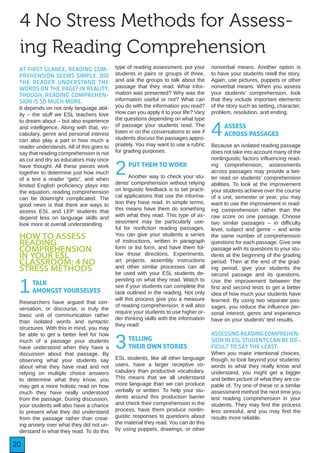 20
AT FIRST GLANCE, READING COM-
PREHENSION SEEMS SIMPLE. DID
THE READER UNDERSTAND THE
WORDS ON THE PAGE? IN REALITY,
THOUGH, READING COMPREHEN-
SION IS SO MUCH MORE.
It depends on not only language abil-
ity – the stuff we ESL teachers love
to dream about – but also experience
and intelligence. Along with that, vo-
cabulary, genre and personal interest
can also play a part in how much a
reader understands. All of this goes to
say that reading comprehension is not
as cut and dry as educators may once
have thought. All these pieces work
together to determine just how much
of a text a reader “gets”, and when
limited English proficiency plays into
the equation, reading comprehension
can be downright complicated. The
good news is that there are ways to
assess ESL and LEP students that
depend less on language skills and
look more at overall understanding.
HOW TO ASSESS
READING
COMPREHENSION
IN YOUR ESL
CLASSROOM: 4 NO
STRESS METHODS
1TALK
AMONGST YOURSELVES
Researchers have argued that con-
versation, or discourse, is truly the
basic unit of communication rather
than isolated words and syntactic
structures. With this in mind, you may
be able to get a better feel for how
much of a passage your students
have understood when they have a
discussion about that passage. By
observing what your students say
about what they have read and not
relying on multiple choice answers
to determine what they know, you
may get a more holistic read on how
much they have really understood
from the passage. During discussion,
your students will also have a chance
to present what they did understand
from the passage rather than creat-
ing anxiety over what they did not un-
derstand in what they read. To do this
type of reading assessment, put your
students in pairs or groups of three,
and ask the groups to talk about the
passage that they read. What infor-
mation was presented? Why was the
information useful or not? What can
you do with the information you read?
How can you apply it to your life? Vary
the questions depending on what type
of passage your students read. The
listen in on the conversations to see if
students discuss the passages appro-
priately. You may want to use a rubric
for grading purposes.
2PUT THEM TO WORK
Another way to check your stu-
dents’ comprehension without relying
on linguistic feedback is to set practi-
cal applications that use the informa-
tion they have read. In simple terms,
this means have them do something
with what they read. This type of as-
sessment may be particularly use-
ful for nonfiction reading passages.
You can give your students a series
of instructions, written in paragraph
form or list form, and have them fol-
low those directions. Experiments,
art projects, assembly instructions
and other similar processes can all
be used with your ESL students de-
pending on what they read. Watch to
see if your students can complete the
task outlined in the reading. Not only
will this process give you a measure
of reading comprehension, it will also
require your students to use higher or-
der thinking skills with the information
they read!
3TELLING
THEIR OWN STORIES
ESL students, like all other language
users, have a larger receptive vo-
cabulary than productive vocabulary.
This means that we all understand
more language than we can produce
verbally or written. To help your stu-
dents around this production barrier
and check their comprehension in the
process, have them produce nonlin-
guistic responses to questions about
the material they read. You can do this
by using puppets, drawings, or other
nonverbal means. Another option is
to have your students retell the story.
Again, use pictures, puppets or other
nonverbal means. When you assess
your students’ comprehension, look
that they include important elements
of the story such as setting, character,
problem, resolution, and ending.
4ASSESS
ACROSS PASSAGES
Because an isolated reading passage
does not take into account many of the
nonlinguistic factors influencing read-
ing comprehension, assessments
across passages may provide a bet-
ter read on students’ comprehension
abilities. To look at the improvement
your students achieve over the course
of a unit, semester or year, you may
want to use the improvement in read-
ing comprehension rather than the
raw score on one passage. Choose
two similar passages – in difficulty
level, subject and genre – and write
the same number of comprehension
questions for each passage. Give one
passage with its questions to your stu-
dents at the beginning of the grading
period. Then at the end of the grad-
ing period, give your students the
second passage and its questions.
Use the improvement between the
first and second tests to get a better
idea of how much your students have
learned. By using two separate pas-
sages, you reduce the influence per-
sonal interest, genre and experience
have on your students’ test results.
ASSESSING READING COMPREHEN-
SION IN ESL STUDENTS CAN BE DIF-
FICULT TO SAY THE LEAST.
When you make intentional choices,
though, to look beyond your students’
words to what they really know and
understand, you might get a bigger
and better picture of what they are ca-
pable of. Try one of these or a similar
assessment method the next time you
test reading comprehension in your
students. They may find the process
less stressful, and you may find the
results more reliable.
4 No Stress Methods for Assess-
ing Reading Comprehension
 