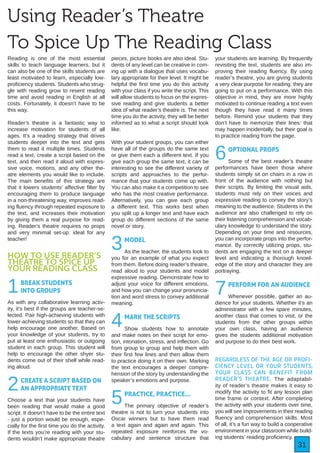 31
Reading is one of the most essential
skills to teach language learners, but it
can also be one of the skills students are
least motivated to learn, especially low-
proficiency students. Students who strug-
gle with reading grow to resent reading
time and avoid reading in English at all
costs. Fortunately, it doesn’t have to be
this way.
Reader’s theatre is a fantastic way to
increase motivation for students of all
ages. It’s a reading strategy that drives
students deeper into the text and gets
them to read it multiple times. Students
read a text, create a script based on the
text, and then read it aloud with expres-
sive voice, motions, and any other the-
atre elements you would like to include.
The main benefits of this strategy are
that it lowers students’ affective filter by
encouraging them to produce language
in a non-threatening way, improves read-
ing fluency through repeated exposure to
the text, and increases their motivation
by giving them a real purpose for read-
ing. Reader’s theatre requires no props
and very minimal set-up: ideal for any
teacher!
HOW TO USE READER’S
THEATRE TO SPICE UP
YOUR READING CLASS
1BREAK STUDENTS
INTO GROUPS
As with any collaborative learning activ-
ity, it’s best if the groups are teacher-se-
lected. Pair high-achieving students with
lower-achieving students so that they can
help encourage one another. Based on
your knowledge of your students, try to
put at least one enthusiastic or outgoing
student in each group. This student will
help to encourage the other shyer stu-
dents come out of their shell while read-
ing aloud.
2CREATE A SCRIPT BASED ON
AN APPROPRIATE TEXT
Choose a text that your students have
been reading that would make a good
script. It doesn’t have to be the entire text
- just a portion would be enough, espe-
cially for the first time you do the activity.
If the texts you’re reading with your stu-
dents wouldn’t make appropriate theatre
pieces, picture books are also ideal. Stu-
dents of any level can be creative in com-
ing up with a dialogue that uses vocabu-
lary appropriate for their level. It might be
helpful the first time you do this activity
with your class if you write the script. This
will allow students to focus on the expres-
sive reading and give students a better
idea of what reader’s theatre is. The next
time you do the activity, they will be better
informed as to what a script should look
like.
With your student groups, you can either
have all of the groups do the same text
or give them each a different text. If you
give each group the same text, it can be
interesting to see the different variety of
scripts and approaches to the perfor-
mance that your students come up with.
You can also make it a competition to see
who has the most creative performance.
Alternatively, you can give each group
a different text. This works best when
you split up a longer text and have each
group do different sections of the same
novel or story.
3MODEL
As the teacher, the students look to
you for an example of what you expect
from them. Before doing reader’s theatre,
read aloud to your students and model
expressive reading. Demonstrate how to
adjust your voice for different emotions,
and how you can change your pronuncia-
tion and word stress to convey additional
meaning.
4MARK THE SCRIPTS
Show students how to annotate
and make notes on their script for emo-
tion, intonation, stress, and inflection. Go
from group to group and help them with
their first few lines and then allow them
to practice doing it on their own. Marking
the text encourages a deeper compre-
hension of the story by understanding the
speaker’s emotions and purpose.
5PRACTICE, PRACTICE...
The primary objective of reader’s
theatre is not to turn your students into
Oscar winners but to have them read
a text again and again and again. This
repeated exposure reinforces the vo-
cabulary and sentence structure that
your students are learning. By frequently
revisiting the text, students are also im-
proving their reading fluency. By using
reader’s theatre, you are giving students
a very clear purpose for reading: they are
going to put on a performance. With this
objective in mind, they are more highly
motivated to continue reading a text even
though they have read it many times
before. Remind your students that they
don’t have to memorize their lines: that
may happen incidentally, but their goal is
to practice reading from the page.
6OPTIONAL PROPS
Some of the best reader’s theatre
performances have been those where
students simply sit on chairs in a row in
front of the audience with nothing but
their scripts. By limiting the visual aids,
students must rely on their voices and
expressive reading to convey the story’s
meaning to the audience. Students in the
audience are also challenged to rely on
their listening comprehension and vocab-
ulary knowledge to understand the story.
Depending on your time and resources,
you can incorporate props into the perfor-
mance. By correctly utilizing props, stu-
dents are engaging the text on a deeper
level and indicating a thorough knowl-
edge of the story and character they are
portraying.
7PERFORM FOR AN AUDIENCE
Whenever possible, gather an au-
dience for your students. Whether it’s an
administrator with a few spare minutes,
another class that comes to visit, or the
students from the other groups within
your own class, having an audience
gives the students additional motivation
and purpose to do their best work.
REGARDLESS OF THE AGE OR PROFI-
CIENCY LEVEL OR YOUR STUDENTS,
YOUR CLASS CAN BENEFIT FROM
READER’S THEATRE. The adaptabil-
ity of reader’s theatre makes it easy to
modify the activity to fit any lesson plan
time frame or context. After completing
the activity with your students over time,
you will see improvements in their reading
fluency and comprehension skills. Most
of all, it’s a fun way to build a cooperative
environment in your classroom while build-
ing students’ reading proficiency.
Using Reader’s Theatre
To Spice Up The Reading Class
 