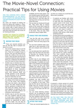 36
ARE YOU LOOKING FOR A GREAT
ACCOMPANIMENT TO THE NOVEL
(FULL LENGTH OR ABRIDGED) THAT
YOU ARE READING IN CLASS? TRY THE
MOVIE.
No, that’s not instead of reading the
book but along with reading it. Class-
room novels that have also been made
into movies offer a great resource for
ESL teachers, and you can do a lot more
with them than just watch the movie af-
ter finishing the book.
HOW TO TEACH USING
MOVIES WITH NOVELS:
PRACTICAL WAYS
1BEFORE THEY READ
There are several activities you
can do with film clips to prepare stu-
dents for a novel.
• One of the easiest ways to use the
movie is to introduce the charac-
ters. There are a couple of ways to
do this. First, you can show the stu-
dents the credits at the end of the
movie. They can then use this list of
characters (and the actors who play
them) as a reference list while they
scan the novel for those characters.
• Another way to introduce the char-
acters is to show clips or still frames
of the characters in the movie and
have groups of students compile
descriptions of these characters.
These descriptions should go be-
yond mere physical detail and
include guesses at the personal-
ity and intentions of the character
based on what they can see.
• You can also introduce students to
the setting of the book by preview-
ing it in the movie. Pair students
and have one watch a clip without
sound. The other should ask their
partner questions to determine de-
tails about the setting. Have them
work together to describe the set-
ting and the possible conflicts the
characters may encounter.
• Another way to use the movie be-
fore your students read the novel
is to give them a general idea of
what they will be reading. Give your
students an opportunity to watch
the film’s trailer. You can also let
them look at the movie poster if it is
available and the book jacket. Can
your students guess what the open-
ing scene of the movie will be? Let
them discuss it, and then play the
opening scene so they can see how
close they were.
• Plot can also be introduced through
film. Play some clips at various
points of the movie (don’t spoil the
end) and have groups of students
discuss what they think may happen
in the book. They can also make
predictions about chapter titles.
2WHILE THEY ARE READING
Use the film with your students
while reading the book to aid in com-
prehension. There are many ways to do
this.
• You can have students read a pas-
sage that is also presented in the
film and compare and contrast the
two.
• You can also give them specific dia-
logue from the book and ask them
to describe the changes that the
filmmakers made for the screen-
play.
• Another way to use dialogue and
film is to start with the students’ na-
tive language. If subtitles are avail-
able in your students’ first language,
play a scene for them with those
subtitles but without sound. Then
have students write in English what
they think the dialogue might be.
• Have students convert selections of
reported speech in the book into the
dialogue that might be used in the
film. Then check by watching the
film and see how close they were.
• Students can also compile time
lines of major events in a chapter
or a selection of the book. Then
play the film clip for them (don’t go
longer than ten minutes) and ask
them to determine if the sequence
of events in the book and film are
the same.
• You can check listening compre-
hension, too, by playing the audio
without the video for certain scenes.
Can your students name the scene
in the book? Can they name the
characters who are speaking?
3AFTER THEY READ
There are several opportunities to
use film as a review of a novel that stu-
dents have completed.
• If students are familiar with movie
commentary, you can allow them
to write their own commentary for
a given scene in the movie. Have
them work in pairs and choose a
favorite scene. They can then write
their own commentary and either
record it and share or perform it
live for the class. This is sure to
entertain while giving a little public
speaking practice.
• Another performance possibility is to
let students transcribe the dialogue
for a given scene. They can then re-
cord a voice over for the scene and
present it to the class with the video
from the movie. It can be especial-
ly fun to see the actors on screen
speaking with voices your students
hear around them every day.
• You can review characters in the
book by showing clips of signifi-
cant scenes for a given character.
Then have students discuss that
character, whether they liked him
or her, what that character did that
was most significant and whether
they would behave the same way
if they were that character. This is
also a great opportunity to practice
the conditional tense with “If I had
been... I would have...”
• Another writing activity could be to
write a review of the film. This could
be a short review intended for a lo-
cal paper or a longer more analyti-
cal review for a national magazine.
Make your expectations clear to
your students and review vocabu-
lary they might need to write about
the film.
In general, a movie version of a novel
you read as a class can be a great re-
source at any point: before reading the
text, while reading it and after your class
has completed the selection. With a little
planning and practice, you can make
your class interesting and engaging, and
entertain your students at the same time.
SO THE NEXT TIME YOU PICK UP
A CLASS NOVEL, GRAB THE DVD,
POP SOME POPCORN AND ROLL
‘EM. YOUR STUDENTS ARE SURE TO
THANK YOU.
The Movie-Novel Connection:
Practical Tips for Using Movies
 