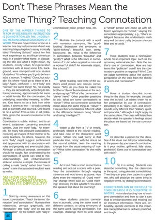 40
Don’t These Phrases Mean the
Same Thing? Teaching Connotation
ONE OF THE HARDER THINGS TO
TEACH IN VOCABULARY INSTRUCTION
IS CONNOTATION, OR THE UNDERLY-
ING MEANING AND ASSOCIATIONS OF A
WORD. This was driven home for me as a
teacher one day last semester when I was
teaching Maya Angelou’s essay ironically
titled “Finishing School,” about her first
work experience as an African American
maid in a wealthy white home. In discuss-
ing the title and what it might mean, my
students, mostly urban, first-generation
minorities with at least some ESL back-
ground, were stumped until one student
blurted out “It’s where you’d go to be learn
to be a woman.” I replied, “Close, but actu-
ally, it’s where you’d go to learn to be a
lady.” Again, confusion — isn’t “lady” and
“woman” the same thing? No, not exactly
— they are denotatively, according to dic-
tionary meaning, approximately the same
— adult female. But the connotation, the
underlying, secondary meaning, is differ-
ent. One learns to be a lady from other
ladies, it seems to me — to walk correctly
and sit correctly and pour tea. One learns
to be a woman from a man, in all proba-
bility, given the sexual connotation to the
phrase.
Connotation is subtle, indirect, and to an
extent, subjective, containing emotional
content. Just the word “lady,” for exam-
ple, for many has pleasant associations,
conjuring up images of their mother or fa-
vorite teachers. To others, however, the
term “lady” might suggest confinement
and oppression, with its association with
rules and propriety and even social class.
Although a difficult concept, connotation
should be taught. Not understanding the
connotations of words can lead to mis-
understandings and embarrassment:
while an extreme example, the mistake of
calling a male “pretty” rather than “hand-
some” is one that a student wouldn’t want
to make.
SO HOW DO YOU
TEACH CONNOTATION,
GIVEN ITS DIFFICULTY?
1Start by raising awareness on this
issue “connotation.” Teach the terms “de-
notation” and “connotation.” Illustrate their
relationship, perhaps graphically, with
“denotation” and “lady” and on top and
“connotation” on the bottom with “lady’s”
connotations: polite, proper, neat, etc.
2Illustrate the concept with a word
with numerous synonyms, like “good-
looking” Brainstorm the synonyms to
“good-looking”: beautiful, cute, pretty,
handsome, etc. What is the difference
in connotation between “beautiful” and
“pretty”? What is the difference in conno-
tation of “cute” when applied to man and
a woman? A child? An inanimate object,
like a house?
3While reading, take note of the au-
thor’s word choice and discuss conno-
tation. “Why do you think he called his
brother a ‘clever’ businessman in the sec-
ond paragraph? What’s the connotation of
‘clever’ here?” Other possible questions
to ask: What are some connotations to
“clever”? What are some other words that
mean about the same thing as ‘”clever”?
How are their connotations different: what
is the difference between being “clever”
and being “intelligent”?
4Watch a clip from a TV or movie,
preferably related to the course reading,
and take note of the characters’ word
choice. ”When she said ‘sorry’ in that
particular tone, ‘sorry,’ with the stress on
the second syllable, does the meaning
change from the usual meaning of ‘sor-
ry’? What is the connotation? Is she really
sorry?”
5Act it out. Take a short scene from a
reading and act out a scene with a peer.
Vary the connotation through varying
sentence and word stress as above. How
does even the meaning of “Good morn-
ing” change when said as “Good morn-
ing!, stressing the last syllable? How does
the speaker feel about the morning?
6Have students practice connota-
tion in journals, using the same word in
different contexts, or using synonyms of
the same word, varying connotation. For
example, challenge them to write about
a “smart” person and come up with dif-
ferent synonyms for “smart,” varying the
connotation appropriately: e.g., “She’s in-
telligent because she understands math
very well but also crafty because she can
beat you at cards.”
7Have students read a newspaper
article on an important topic, such as the
upcoming national election. Note the au-
thor’s use of connotation. How are key
terms like “politician” used? Are the con-
notations positive or negative? Why? Can
we judge something about the author’s
perspective on the topic from the choice
of words and connotation?
8Have a student describe some-
thing for the class: for example, the park
near the school. Let others know his or
her perspective by use of connotation.
Describing it as “stark, bare, and lonely”
sounds very different than “solitary, quiet,
and peaceful,” although it might apply to
the same place. The class will listen then
decide what the speaker’s feelings about
the place are based on the use connota-
tion.
9Or describe a person for the class.
See if the class can tell your relationship
to the person by your use of connotation.
Is it your mother, girlfriend, little sister,
professor? Does use of connotation vary
with each?
10Do it in writing. Students can
describe something, like the classroom
or the quad, using pleasant connotations.
Then they can pass their papers to a part-
ner, who will describe the same thing in
negative terms, by changing connotation.
CONNOTATION CAN BE DIFFICULT TO
TEACH BECAUSE IT IS SUBJECTIVE IN
NATURE. Not understanding how to inter-
pret connotation and how to use it can
lead to embarrassment and missing out
on important information. There are, for-
tunately, specific elements to this impor-
tant concept that can be defined, practiced,
and taught.
 
