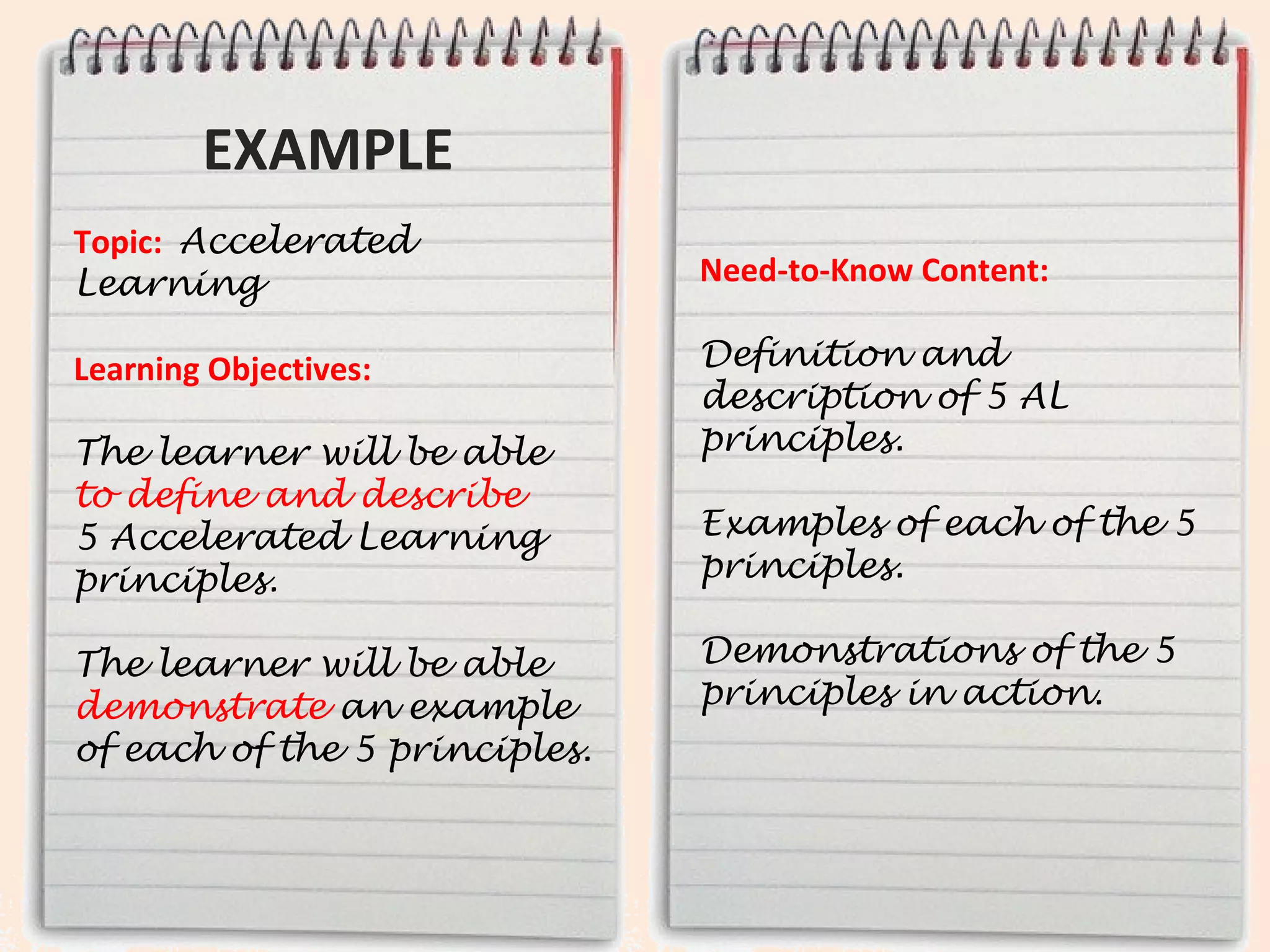 Teach the
   content on               Need-to-Know Content:



     this list.
                            Definition of 5 AL
                            principles.

                            Descriptions of the
                            principles.

                            Examples of each of the 5
                            principles.

                            Demonstrations of the 5
Use lecture segments,       principles in action.
learner activities,
slides, handouts, videos,
props, and wall charts.
 