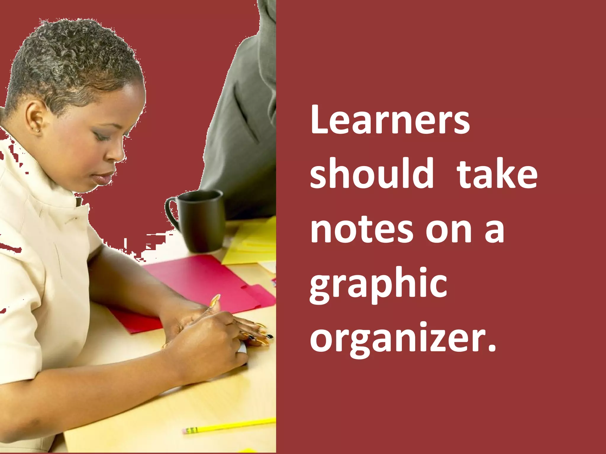 A graphic organizer is a
visual-spatial note-taking
page that you give to learners,
or learners make for themselves,
before the instruction begins.
 