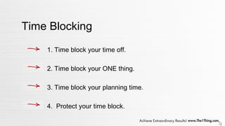 1. Time block your time off.
2. Time block your ONE thing.
3. Time block your planning time.
4. Protect your time block.
Time Blocking
 