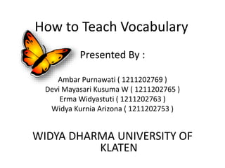 How to Teach Vocabulary
Presented By :
Ambar Purnawati ( 1211202769 )
Devi Mayasari Kusuma W ( 1211202765 )
Erma Widyastuti ( 1211202763 )
Widya Kurnia Arizona ( 1211202753 )
WIDYA DHARMA UNIVERSITY OF
KLATEN
 