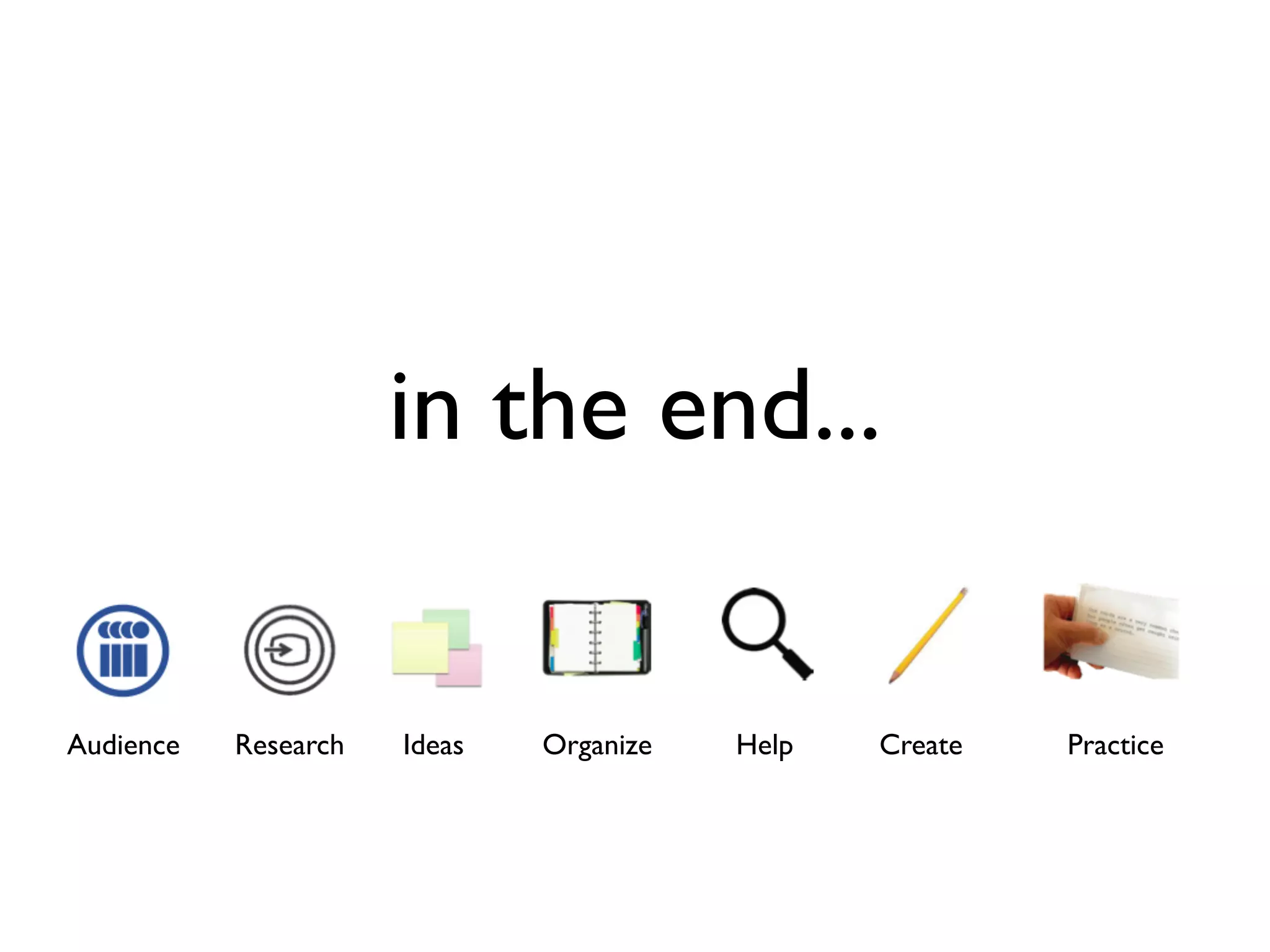 in the end...


Audience   Research   Ideas   Organize   Help   Create   Practice
 
