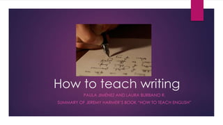 How to teach writing
PAULA JIMÉNEZ AND LAURA BURBANO R.
SUMMARY OF JEREMY HARMER’S BOOK “HOW TO TEACH ENGLISH”
 