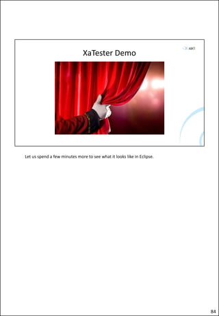 XaTester Demo
Let us spend a few minutes more to see what it looks like in Eclipse.
84
 