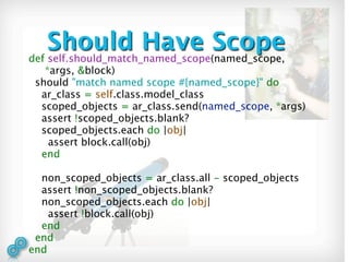 Should Have Scope
def self.should_match_named_scope(named_scope,
   *args, &block)
 should "match named scope #{named_scope}" do
  ar_class = self.class.model_class
  scoped_objects = ar_class.send(named_scope, *args)
  assert !scoped_objects.blank?
  scoped_objects.each do |obj|
    assert block.call(obj)
  end

  non_scoped_objects = ar_class.all - scoped_objects
  assert !non_scoped_objects.blank?
  non_scoped_objects.each do |obj|
    assert !block.call(obj)
  end
 end
end
 