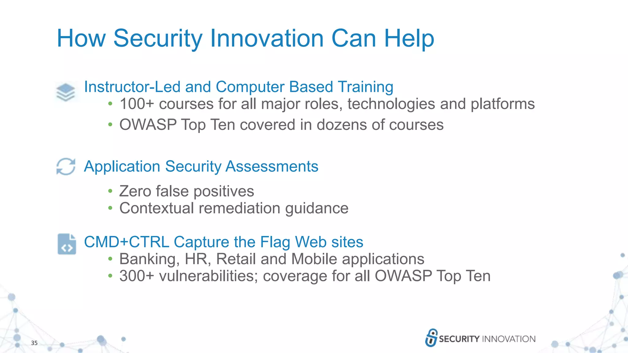35
How Security Innovation Can Help
Instructor-Led and Computer Based Training
• 100+ courses for all major roles, technologies and platforms
• OWASP Top Ten covered in dozens of courses
Application Security Assessments
• Zero false positives
• Contextual remediation guidance
CMD+CTRL Capture the Flag Web sites
• Banking, HR, Retail and Mobile applications
• 300+ vulnerabilities; coverage for all OWASP Top Ten
 