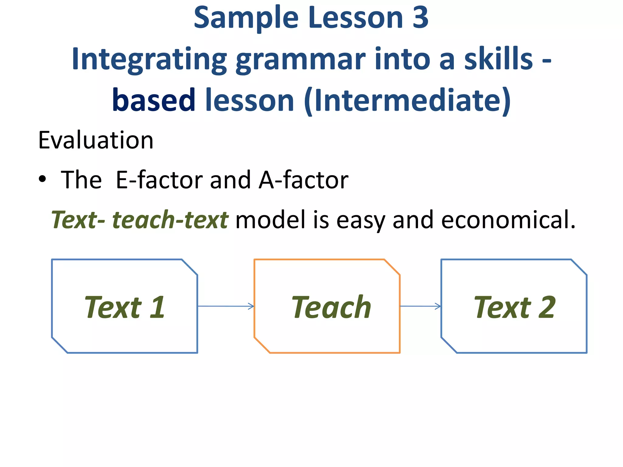 Sample Lesson 3
  Integrating grammar into a skills -
     based lesson (Intermediate)
Evaluation
• The E-factor and A-factor
 Text- teach-text model is easy and economical.


   Text 1             Teach          Text 2
 