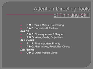    P M I: Plus + Minus + Interesting
   C A F: Consider All Factors
RULES
   C & S: Consequences & Sequel
   A G O: Aims, Goals, Objectives
PLANNING
   F I P: First Important Priority
   A P C: Alternatives, Possibility, Choice
DECISIONS
   O P V: Other People Views
 