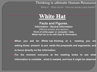 White Hat
                          Facts and Figures.
                      Information - Neutral Information
                         (Without emotion and reaction)
                    Think of white paper or computer / data.
                   White Hat has to do with Data & Information.


   When you ask for White hat thinking at a                meeting you are
    asking those present to put aside the proposals and arguments, and
    to focus directly on the information.
   For the moment everyone at the meeting looks to see what
    information is available , what is needed, and how it might be obtained
 