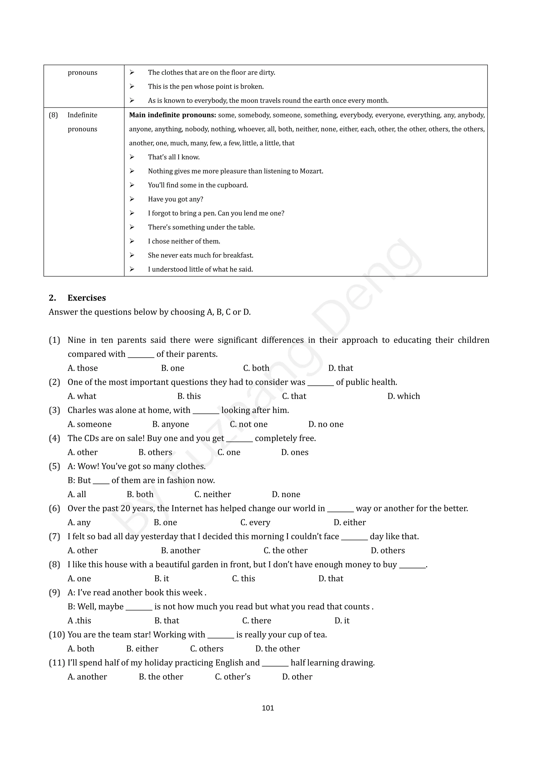 101
pronouns  The clothes that are on the floor are dirty.
 This is the pen whose point is broken.
 As is known to everybody, the moon travels round the earth once every month.
(8) Indefinite
pronouns
Main indefinite pronouns: some, somebody, someone, something, everybody, everyone, everything, any, anybody,
anyone, anything, nobody, nothing, whoever, all, both, neither, none, either, each, other, the other, others, the others,
another, one, much, many, few, a few, little, a little, that
 That’s all I know.
 Nothing gives me more pleasure than listening to Mozart.
 You’ll find some in the cupboard.
 Have you got any?
 I forgot to bring a pen. Can you lend me one?
 There’s something under the table.
 I chose neither of them.
 She never eats much for breakfast.
 I understood little of what he said.
2. Exercises
Answer the questions below by choosing A, B, C or D.
(1) Nine in ten parents said there were significant differences in their approach to educating their children
compared with ________ of their parents.
A. those B. one C. both D. that
(2) One of the most important questions they had to consider was ________ of public health.
A. what B. this C. that D. which
(3) Charles was alone at home, with ________ looking after him.
A. someone B. anyone C. not one D. no one
(4) The CDs are on sale! Buy one and you get ________ completely free.
A. other B. others C. one D. ones
(5) A: Wow! You’ve got so many clothes.
B: But _____ of them are in fashion now.
A. all B. both C. neither D. none
(6) Over the past 20 years, the Internet has helped change our world in ________ way or another for the better.
A. any B. one C. every D. either
(7) I felt so bad all day yesterday that I decided this morning I couldn’t face ________ day like that.
A. other B. another C. the other D. others
(8) I like this house with a beautiful garden in front, but I don’t have enough money to buy ________.
A. one B. it C. this D. that
(9) A: I’ve read another book this week .
B: Well, maybe ________ is not how much you read but what you read that counts .
A .this B. that C. there D. it
(10) You are the team star! Working with ________ is really your cup of tea.
A. both B. either C. others D. the other
(11) I’ll spend half of my holiday practicing English and ________ half learning drawing.
A. another B. the other C. other’s D. other
B
y
F
u
z
h
a
n
g
D
e
n
g
 
