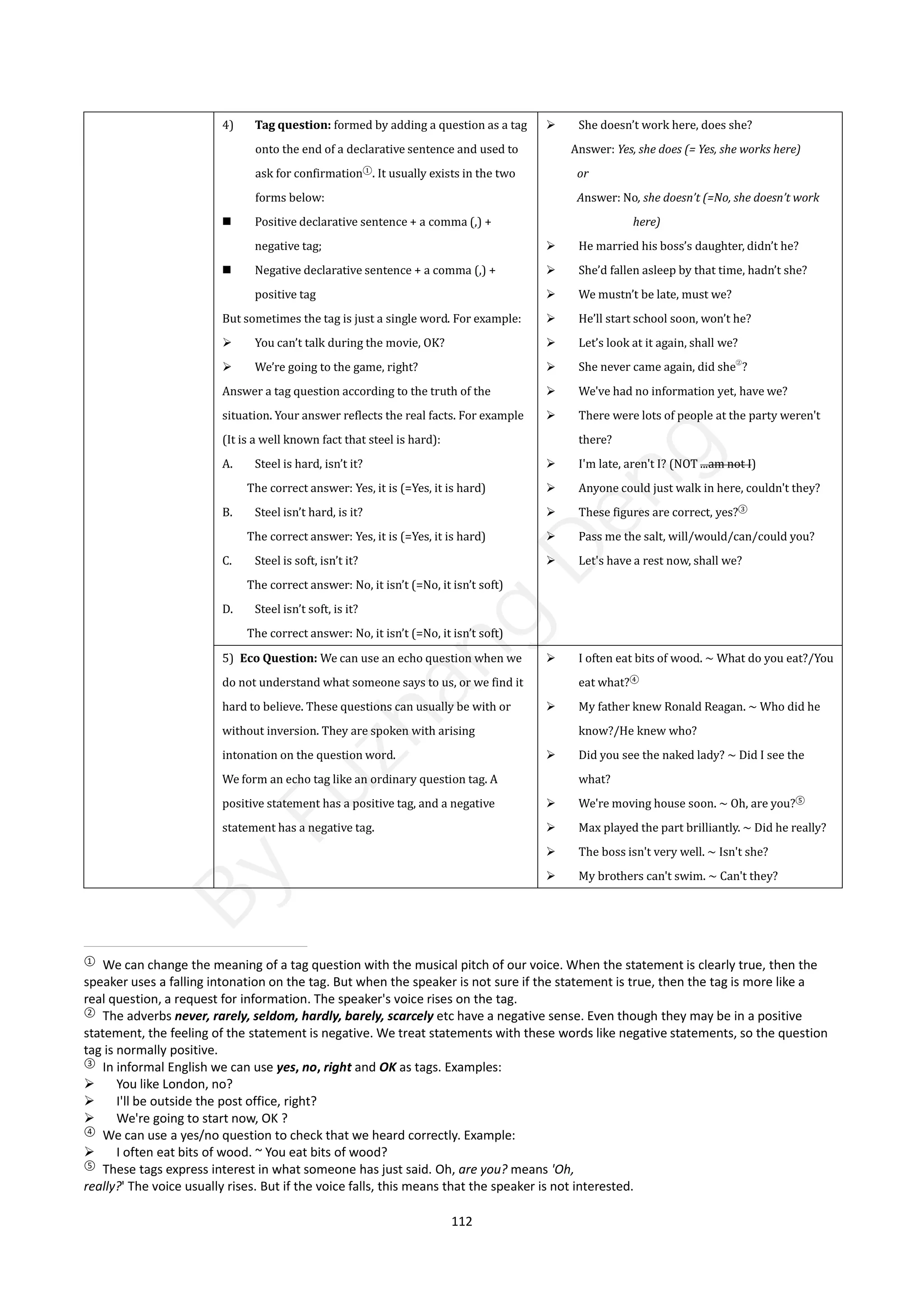 112
4) Tag question: formed by adding a question as a tag
onto the end of a declarative sentence and used to
ask for confirmation①
. It usually exists in the two
forms below:
 Positive declarative sentence + a comma (,) +
negative tag;
 Negative declarative sentence + a comma (,) +
positive tag
But sometimes the tag is just a single word. For example:
 You can’t talk during the movie, OK?
 We’re going to the game, right?
Answer a tag question according to the truth of the
situation. Your answer reflects the real facts. For example
(It is a well known fact that steel is hard):
A. Steel is hard, isn’t it?
The correct answer: Yes, it is (=Yes, it is hard)
B. Steel isn’t hard, is it?
The correct answer: Yes, it is (=Yes, it is hard)
C. Steel is soft, isn’t it?
The correct answer: No, it isn’t (=No, it isn’t soft)
D. Steel isn’t soft, is it?
The correct answer: No, it isn’t (=No, it isn’t soft)
 She doesn’t work here, does she?
Answer: Yes, she does (= Yes, she works here)
or
Answer: No, she doesn’t (=No, she doesn’t work
here)
 He married his boss’s daughter, didn’t he?
 She’d fallen asleep by that time, hadn’t she?
 We mustn’t be late, must we?
 He’ll start school soon, won’t he?
 Let’s look at it again, shall we?
 She never came again, did she②
?
 We've had no information yet, have we?
 There were lots of people at the party weren't
there?
 I'm late, aren't I? (NOT ...am not I)
 Anyone could just walk in here, couldn't they?
 These figures are correct, yes?③
 Pass me the salt, will/would/can/could you?
 Let's have a rest now, shall we?
5) Eco Question: We can use an echo question when we
do not understand what someone says to us, or we find it
hard to believe. These questions can usually be with or
without inversion. They are spoken with arising
intonation on the question word.
We form an echo tag like an ordinary question tag. A
positive statement has a positive tag, and a negative
statement has a negative tag.
 I often eat bits of wood. ~ What do you eat?/You
eat what?④
 My father knew Ronald Reagan. ~ Who did he
know?/He knew who?
 Did you see the naked lady? ~ Did I see the
what?
 We're moving house soon. ~ Oh, are you?⑤
 Max played the part brilliantly. ~ Did he really?
 The boss isn't very well. ~ Isn't she?
 My brothers can't swim. ~ Can't they?
①
We can change the meaning of a tag question with the musical pitch of our voice. When the statement is clearly true, then the
speaker uses a falling intonation on the tag. But when the speaker is not sure if the statement is true, then the tag is more like a
real question, a request for information. The speaker's voice rises on the tag.
②
The adverbs never, rarely, seldom, hardly, barely, scarcely etc have a negative sense. Even though they may be in a positive
statement, the feeling of the statement is negative. We treat statements with these words like negative statements, so the question
tag is normally positive.
③
In informal English we can use yes, no, right and OK as tags. Examples:
 You like London, no?
 I'll be outside the post office, right?
 We're going to start now, OK ?
④
We can use a yes/no question to check that we heard correctly. Example:
 I often eat bits of wood. ~ You eat bits of wood?
⑤
These tags express interest in what someone has just said. Oh, are you? means 'Oh,
really?' The voice usually rises. But if the voice falls, this means that the speaker is not interested.
B
y
F
u
z
h
a
n
g
D
e
n
g
 