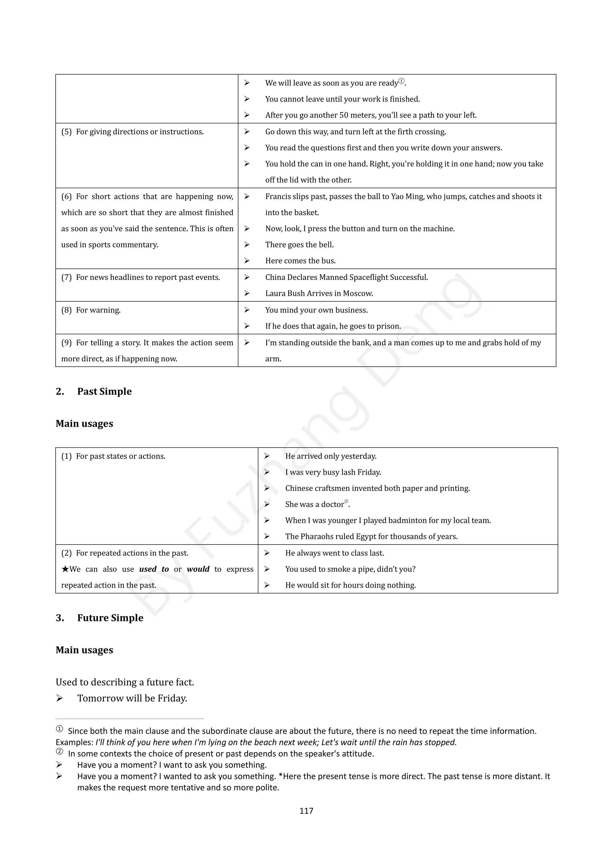 117
 We will leave as soon as you are ready①
.
 You cannot leave until your work is finished.
 After you go another 50 meters, you'll see a path to your left.
(5) For giving directions or instructions.  Go down this way, and turn left at the firth crossing.
 You read the questions first and then you write down your answers.
 You hold the can in one hand. Right, you're holding it in one hand; now you take
off the lid with the other.
(6) For short actions that are happening now,
which are so short that they are almost finished
as soon as you've said the sentence. This is often
used in sports commentary.
 Francis slips past, passes the ball to Yao Ming, who jumps, catches and shoots it
into the basket.
 Now, look, I press the button and turn on the machine.
 There goes the bell.
 Here comes the bus.
(7) For news headlines to report past events.  China Declares Manned Spaceflight Successful.
 Laura Bush Arrives in Moscow.
(8) For warning.  You mind your own business.
 If he does that again, he goes to prison.
(9) For telling a story. It makes the action seem
more direct, as if happening now.
 I'm standing outside the bank, and a man comes up to me and grabs hold of my
arm.
2. Past Simple
Main usages
(1) For past states or actions.  He arrived only yesterday.
 I was very busy lash Friday.
 Chinese craftsmen invented both paper and printing.
 She was a doctor
②
.
 When I was younger I played badminton for my local team.
 The Pharaohs ruled Egypt for thousands of years.
(2) For repeated actions in the past.
★We can also use used to or would to express
repeated action in the past.
 He always went to class last.
 You used to smoke a pipe, didn’t you?
 He would sit for hours doing nothing.
3. Future Simple
Main usages
Used to describing a future fact.
 Tomorrow will be Friday.
①
Since both the main clause and the subordinate clause are about the future, there is no need to repeat the time information.
Examples: I'll think of you here when I'm lying on the beach next week; Let's wait until the rain has stopped.
②
In some contexts the choice of present or past depends on the speaker's attitude.
 Have you a moment? I want to ask you something.
 Have you a moment? I wanted to ask you something. *Here the present tense is more direct. The past tense is more distant. It
makes the request more tentative and so more polite.
B
y
F
u
z
h
a
n
g
D
e
n
g
 