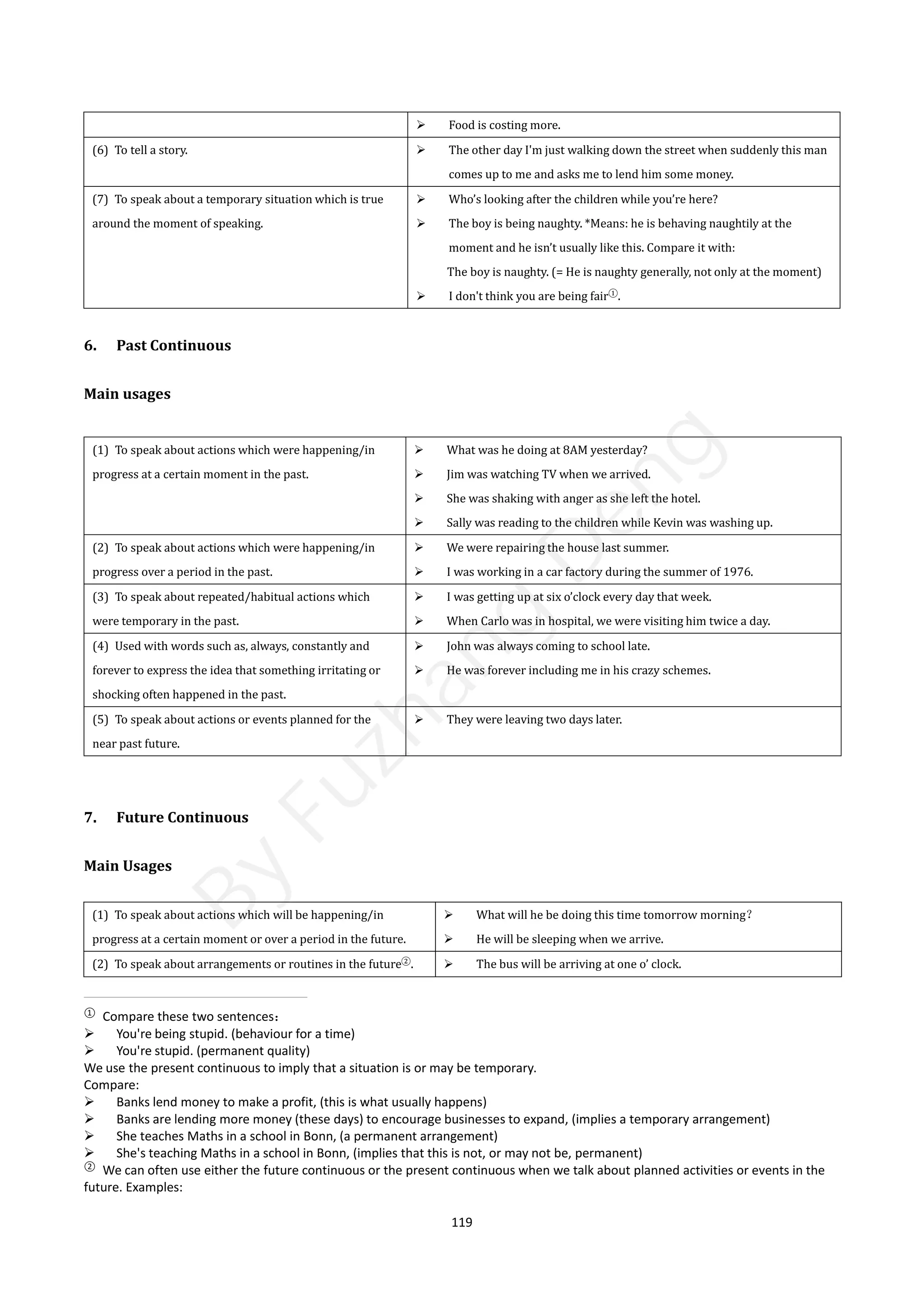 119
 Food is costing more.
(6) To tell a story.  The other day I'm just walking down the street when suddenly this man
comes up to me and asks me to lend him some money.
(7) To speak about a temporary situation which is true
around the moment of speaking.
 Who’s looking after the children while you’re here?
 The boy is being naughty. *Means: he is behaving naughtily at the
moment and he isn’t usually like this. Compare it with:
The boy is naughty. (= He is naughty generally, not only at the moment)
 I don't think you are being fair①
.
6. Past Continuous
Main usages
7. Future Continuous
Main Usages
(1) To speak about actions which will be happening/in
progress at a certain moment or over a period in the future.
 What will he be doing this time tomorrow morning？
 He will be sleeping when we arrive.
(2) To speak about arrangements or routines in the future②
.  The bus will be arriving at one o’ clock.
①
Compare these two sentences：
 You're being stupid. (behaviour for a time)
 You're stupid. (permanent quality)
We use the present continuous to imply that a situation is or may be temporary.
Compare:
 Banks lend money to make a profit, (this is what usually happens)
 Banks are lending more money (these days) to encourage businesses to expand, (implies a temporary arrangement)
 She teaches Maths in a school in Bonn, (a permanent arrangement)
 She's teaching Maths in a school in Bonn, (implies that this is not, or may not be, permanent)
②
We can often use either the future continuous or the present continuous when we talk about planned activities or events in the
future. Examples:
(1) To speak about actions which were happening/in
progress at a certain moment in the past.
 What was he doing at 8AM yesterday?
 Jim was watching TV when we arrived.
 She was shaking with anger as she left the hotel.
 Sally was reading to the children while Kevin was washing up.
(2) To speak about actions which were happening/in
progress over a period in the past.
 We were repairing the house last summer.
 I was working in a car factory during the summer of 1976.
(3) To speak about repeated/habitual actions which
were temporary in the past.
 I was getting up at six o’clock every day that week.
 When Carlo was in hospital, we were visiting him twice a day.
(4) Used with words such as, always, constantly and
forever to express the idea that something irritating or
shocking often happened in the past.
 John was always coming to school late.
 He was forever including me in his crazy schemes.
(5) To speak about actions or events planned for the
near past future.
 They were leaving two days later.
B
y
F
u
z
h
a
n
g
D
e
n
g
 
