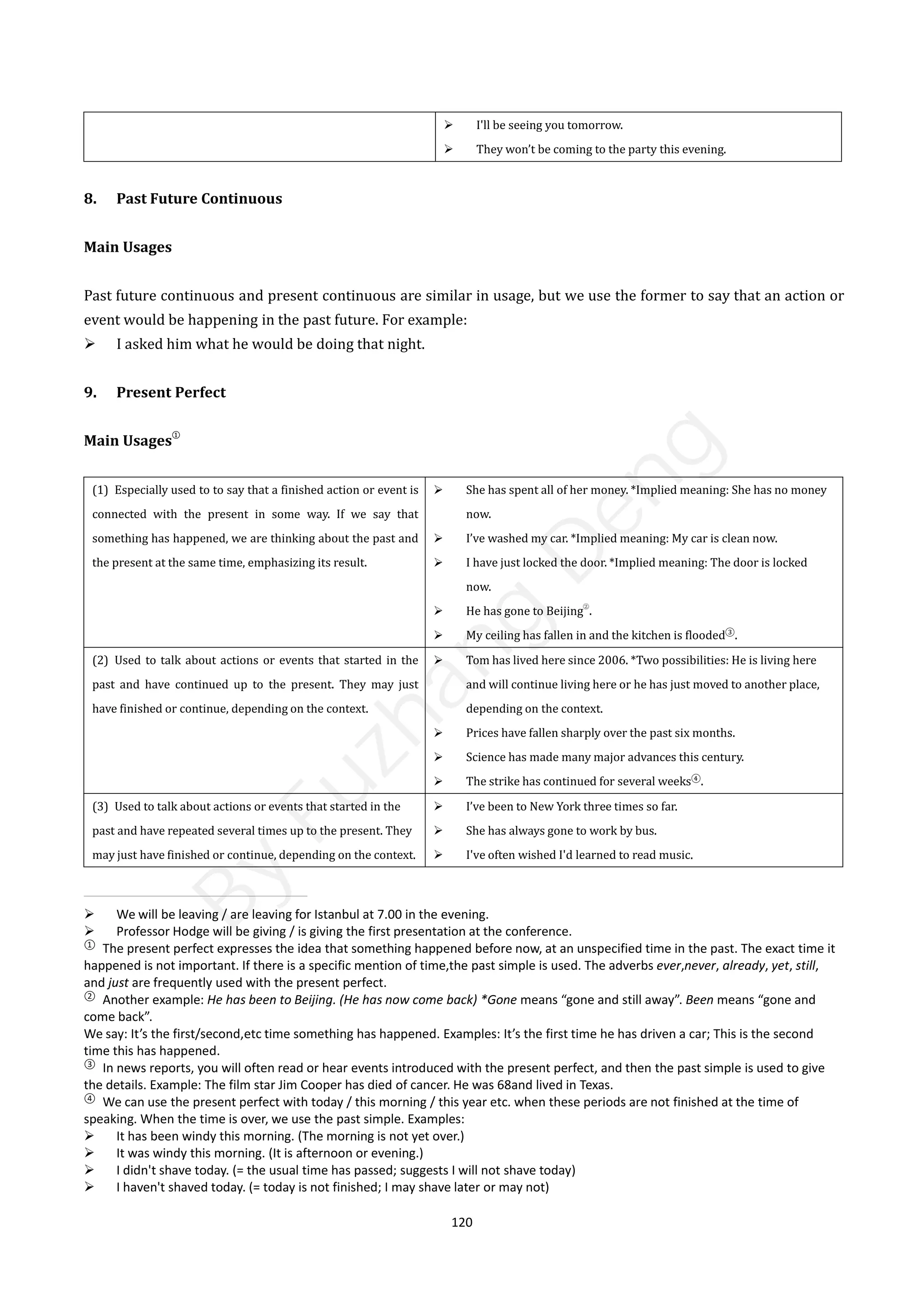 120
 I'll be seeing you tomorrow.
 They won’t be coming to the party this evening.
8. Past Future Continuous
Main Usages
Past future continuous and present continuous are similar in usage, but we use the former to say that an action or
event would be happening in the past future. For example:
 I asked him what he would be doing that night.
9. Present Perfect
Main Usages
①
(1) Especially used to to say that a finished action or event is
connected with the present in some way. If we say that
something has happened, we are thinking about the past and
the present at the same time, emphasizing its result.
 She has spent all of her money. *Implied meaning: She has no money
now.
 I’ve washed my car. *Implied meaning: My car is clean now.
 I have just locked the door. *Implied meaning: The door is locked
now.
 He has gone to Beijing
②
.
 My ceiling has fallen in and the kitchen is flooded③
.
(2) Used to talk about actions or events that started in the
past and have continued up to the present. They may just
have finished or continue, depending on the context.
 Tom has lived here since 2006. *Two possibilities: He is living here
and will continue living here or he has just moved to another place,
depending on the context.
 Prices have fallen sharply over the past six months.
 Science has made many major advances this century.
 The strike has continued for several weeks④
.
(3) Used to talk about actions or events that started in the
past and have repeated several times up to the present. They
may just have finished or continue, depending on the context.
 I’ve been to New York three times so far.
 She has always gone to work by bus.
 I've often wished I'd learned to read music.
 We will be leaving / are leaving for Istanbul at 7.00 in the evening.
 Professor Hodge will be giving / is giving the first presentation at the conference.
①
The present perfect expresses the idea that something happened before now, at an unspecified time in the past. The exact time it
happened is not important. If there is a specific mention of time,the past simple is used. The adverbs ever,never, already, yet, still,
and just are frequently used with the present perfect.
②
Another example: He has been to Beijing. (He has now come back) *Gone means “gone and still away”. Been means “gone and
come back”.
We say: It’s the first/second,etc time something has happened. Examples: It’s the first time he has driven a car; This is the second
time this has happened.
③
In news reports, you will often read or hear events introduced with the present perfect, and then the past simple is used to give
the details. Example: The film star Jim Cooper has died of cancer. He was 68and lived in Texas.
④
We can use the present perfect with today / this morning / this year etc. when these periods are not finished at the time of
speaking. When the time is over, we use the past simple. Examples:
 It has been windy this morning. (The morning is not yet over.)
 It was windy this morning. (It is afternoon or evening.)
 I didn't shave today. (= the usual time has passed; suggests I will not shave today)
 I haven't shaved today. (= today is not finished; I may shave later or may not)
B
y
F
u
z
h
a
n
g
D
e
n
g
 