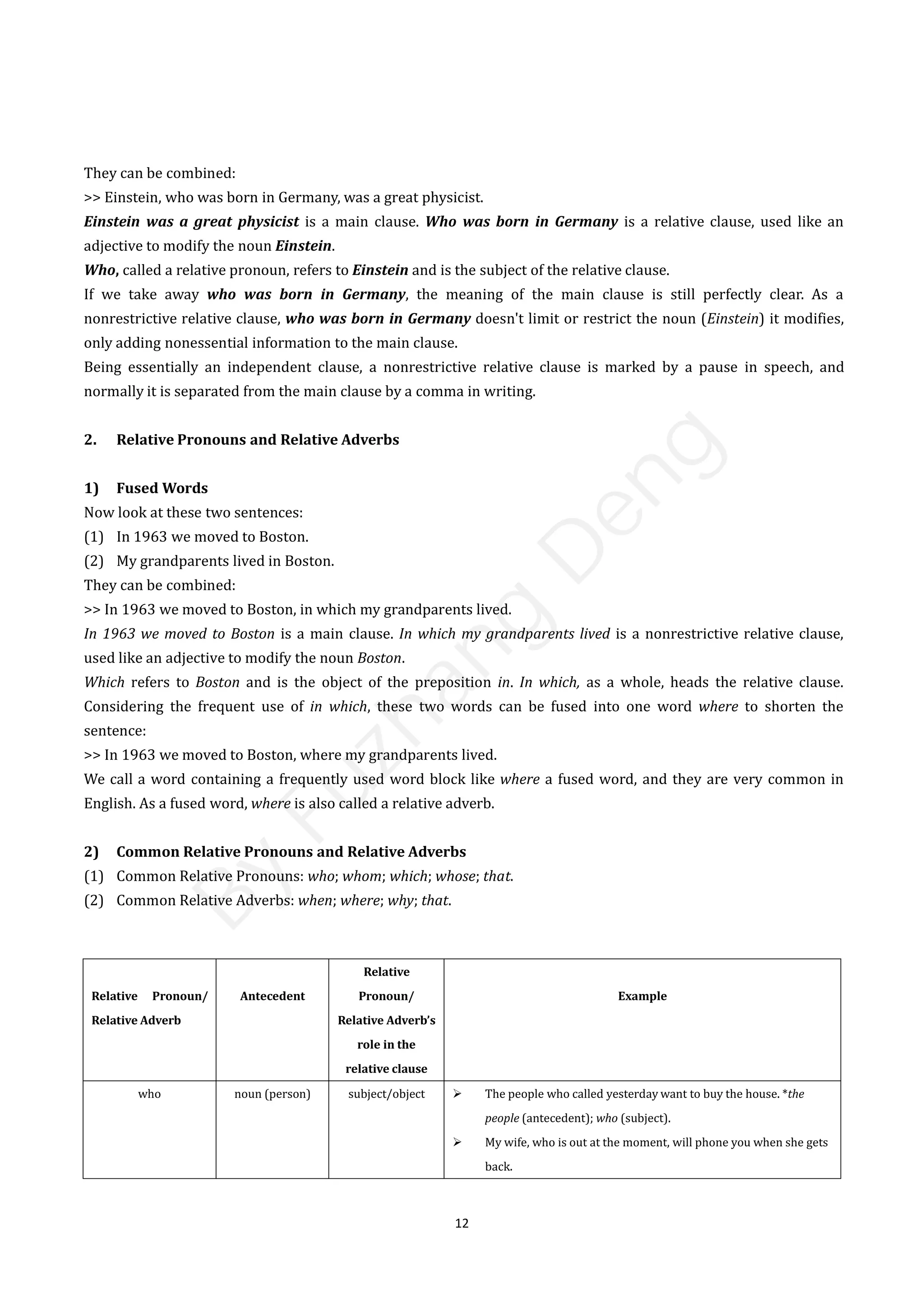 12
They can be combined:
>> Einstein, who was born in Germany, was a great physicist.
Einstein was a great physicist is a main clause. Who was born in Germany is a relative clause, used like an
adjective to modify the noun Einstein.
Who, called a relative pronoun, refers to Einstein and is the subject of the relative clause.
If we take away who was born in Germany, the meaning of the main clause is still perfectly clear. As a
nonrestrictive relative clause, who was born in Germany doesn't limit or restrict the noun (Einstein) it modifies,
only adding nonessential information to the main clause.
Being essentially an independent clause, a nonrestrictive relative clause is marked by a pause in speech, and
normally it is separated from the main clause by a comma in writing.
2. Relative Pronouns and Relative Adverbs
1) Fused Words
Now look at these two sentences:
(1) In 1963 we moved to Boston.
(2) My grandparents lived in Boston.
They can be combined:
>> In 1963 we moved to Boston, in which my grandparents lived.
In 1963 we moved to Boston is a main clause. In which my grandparents lived is a nonrestrictive relative clause,
used like an adjective to modify the noun Boston.
Which refers to Boston and is the object of the preposition in. In which, as a whole, heads the relative clause.
Considering the frequent use of in which, these two words can be fused into one word where to shorten the
sentence:
>> In 1963 we moved to Boston, where my grandparents lived.
We call a word containing a frequently used word block like where a fused word, and they are very common in
English. As a fused word, where is also called a relative adverb.
2) Common Relative Pronouns and Relative Adverbs
(1) Common Relative Pronouns: who; whom; which; whose; that.
(2) Common Relative Adverbs: when; where; why; that.
Relative Pronoun/
Relative Adverb
Antecedent
Relative
Pronoun/
Relative Adverb’s
role in the
relative clause
Example
who noun (person) subject/object  The people who called yesterday want to buy the house. *the
people (antecedent); who (subject).
 My wife, who is out at the moment, will phone you when she gets
back.
B
y
F
u
z
h
a
n
g
D
e
n
g
 