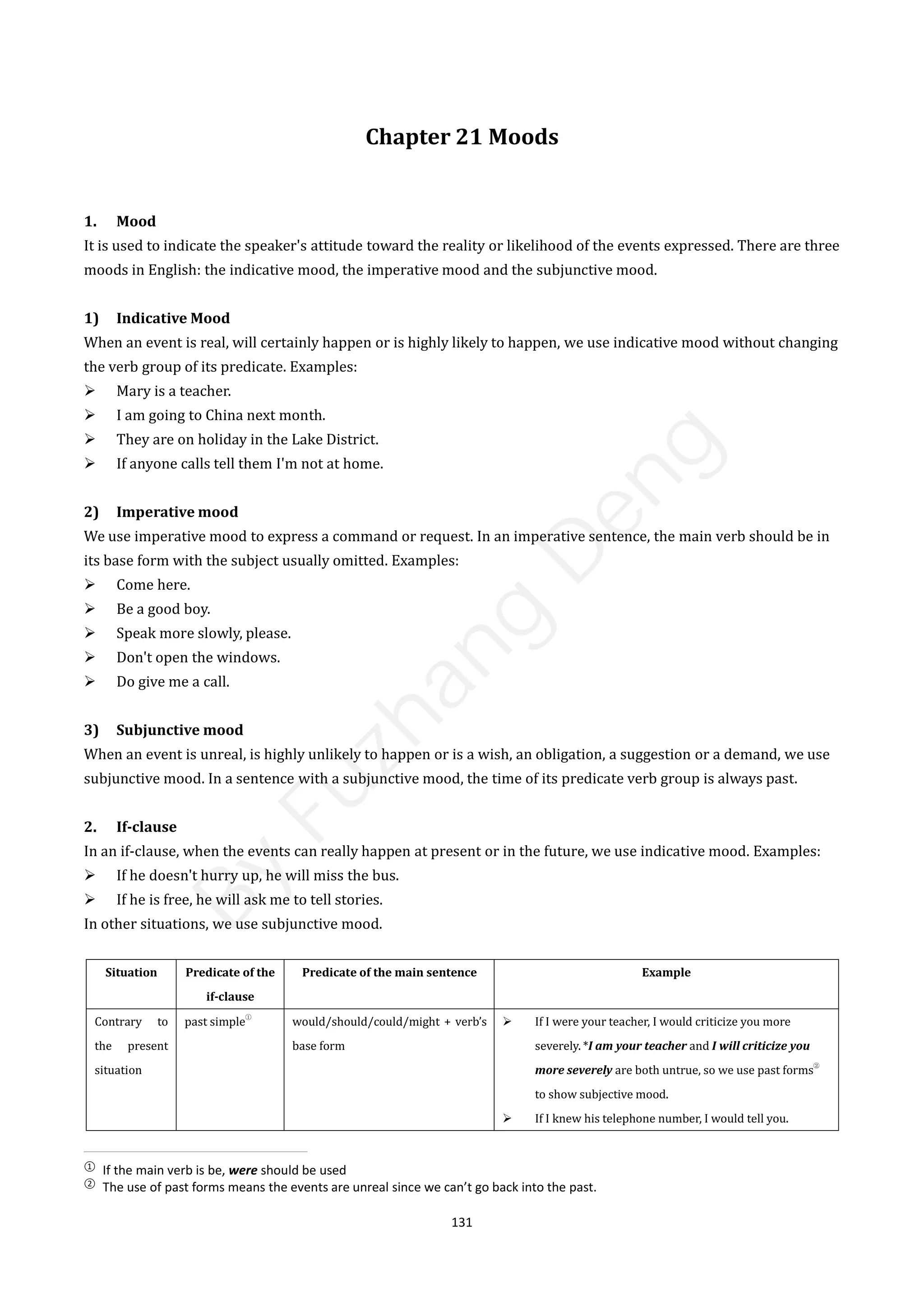 131
Chapter 21 Moods
1. Mood
It is used to indicate the speaker's attitude toward the reality or likelihood of the events expressed. There are three
moods in English: the indicative mood, the imperative mood and the subjunctive mood.
1) Indicative Mood
When an event is real, will certainly happen or is highly likely to happen, we use indicative mood without changing
the verb group of its predicate. Examples:
 Mary is a teacher.
 I am going to China next month.
 They are on holiday in the Lake District.
 If anyone calls tell them I'm not at home.
2) Imperative mood
We use imperative mood to express a command or request. In an imperative sentence, the main verb should be in
its base form with the subject usually omitted. Examples:
 Come here.
 Be a good boy.
 Speak more slowly, please.
 Don't open the windows.
 Do give me a call.
3) Subjunctive mood
When an event is unreal, is highly unlikely to happen or is a wish, an obligation, a suggestion or a demand, we use
subjunctive mood. In a sentence with a subjunctive mood, the time of its predicate verb group is always past.
2. If-clause
In an if-clause, when the events can really happen at present or in the future, we use indicative mood. Examples:
 If he doesn't hurry up, he will miss the bus.
 If he is free, he will ask me to tell stories.
In other situations, we use subjunctive mood.
①
If the main verb is be, were should be used
②
The use of past forms means the events are unreal since we can’t go back into the past.
Situation Predicate of the
if-clause
Predicate of the main sentence Example
Contrary to
the present
situation
past simple
①
would/should/could/might + verb’s
base form
 If I were your teacher, I would criticize you more
severely. *I am your teacher and I will criticize you
more severely are both untrue, so we use past forms
②
to show subjective mood.
 If I knew his telephone number, I would tell you.
B
y
F
u
z
h
a
n
g
D
e
n
g
 