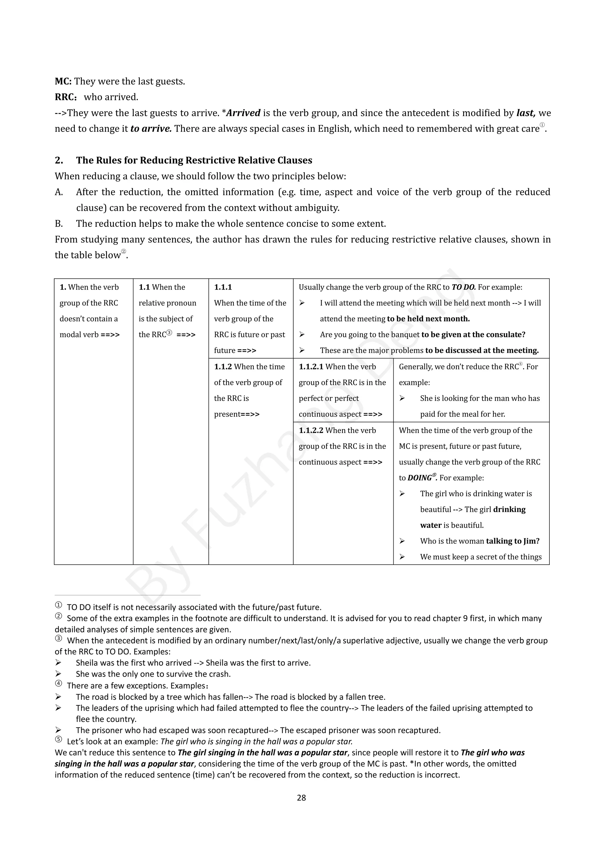 28
MC: They were the last guests.
RRC：who arrived.
-->They were the last guests to arrive. *Arrived is the verb group, and since the antecedent is modified by last, we
need to change it to arrive. There are always special cases in English, which need to remembered with great care
①
.
2. The Rules for Reducing Restrictive Relative Clauses
When reducing a clause, we should follow the two principles below:
A. After the reduction, the omitted information (e.g. time, aspect and voice of the verb group of the reduced
clause) can be recovered from the context without ambiguity.
B. The reduction helps to make the whole sentence concise to some extent.
From studying many sentences, the author has drawn the rules for reducing restrictive relative clauses, shown in
the table below
②
.
1. When the verb
group of the RRC
doesn’t contain a
modal verb ==>>
1.1 When the
relative pronoun
is the subject of
the RRC③
==>>
1.1.1
When the time of the
verb group of the
RRC is future or past
future ==>>
Usually change the verb group of the RRC to TO DO. For example:
 I will attend the meeting which will be held next month --> I will
attend the meeting to be held next month.
 Are you going to the banquet to be given at the consulate?
 These are the major problems to be discussed at the meeting.
1.1.2 When the time
of the verb group of
the RRC is
present==>>
1.1.2.1 When the verb
group of the RRC is in the
perfect or perfect
continuous aspect ==>>
Generally, we don’t reduce the RRC
④
. For
example:
 She is looking for the man who has
paid for the meal for her.
1.1.2.2 When the verb
group of the RRC is in the
continuous aspect ==>>
When the time of the verb group of the
MC is present, future or past future,
usually change the verb group of the RRC
to DOING
⑤
. For example:
 The girl who is drinking water is
beautiful --> The girl drinking
water is beautiful.
 Who is the woman talking to Jim?
 We must keep a secret of the things
①
TO DO itself is not necessarily associated with the future/past future.
②
Some of the extra examples in the footnote are difficult to understand. It is advised for you to read chapter 9 first, in which many
detailed analyses of simple sentences are given.
③
When the antecedent is modified by an ordinary number/next/last/only/a superlative adjective, usually we change the verb group
of the RRC to TO DO. Examples:
 Sheila was the first who arrived --> Sheila was the first to arrive.
 She was the only one to survive the crash.
④
There are a few exceptions. Examples：
 The road is blocked by a tree which has fallen--> The road is blocked by a fallen tree.
 The leaders of the uprising which had failed attempted to flee the country--> The leaders of the failed uprising attempted to
flee the country.
 The prisoner who had escaped was soon recaptured--> The escaped prisoner was soon recaptured.
⑤
Let’s look at an example: The girl who is singing in the hall was a popular star.
We can't reduce this sentence to The girl singing in the hall was a popular star, since people will restore it to The girl who was
singing in the hall was a popular star, considering the time of the verb group of the MC is past. *In other words, the omitted
information of the reduced sentence (time) can’t be recovered from the context, so the reduction is incorrect.
B
y
F
u
z
h
a
n
g
D
e
n
g
 