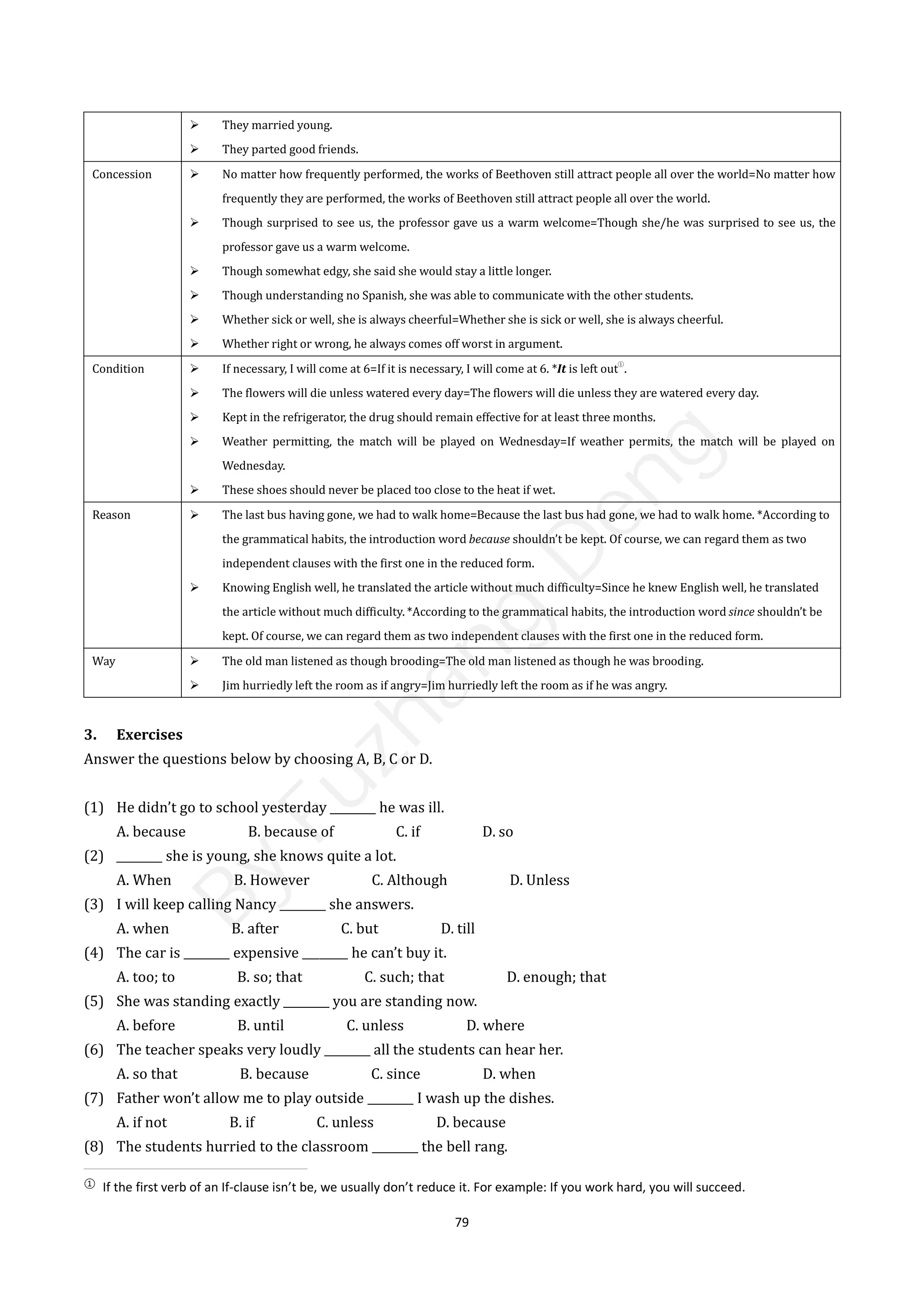79
 They married young.
 They parted good friends.
Concession  No matter how frequently performed, the works of Beethoven still attract people all over the world=No matter how
frequently they are performed, the works of Beethoven still attract people all over the world.
 Though surprised to see us, the professor gave us a warm welcome=Though she/he was surprised to see us, the
professor gave us a warm welcome.
 Though somewhat edgy, she said she would stay a little longer.
 Though understanding no Spanish, she was able to communicate with the other students.
 Whether sick or well, she is always cheerful=Whether she is sick or well, she is always cheerful.
 Whether right or wrong, he always comes off worst in argument.
Condition  If necessary, I will come at 6=If it is necessary, I will come at 6. *It is left out
①
.
 The flowers will die unless watered every day=The flowers will die unless they are watered every day.
 Kept in the refrigerator, the drug should remain effective for at least three months.
 Weather permitting, the match will be played on Wednesday=If weather permits, the match will be played on
Wednesday.
 These shoes should never be placed too close to the heat if wet.
Reason  The last bus having gone, we had to walk home=Because the last bus had gone, we had to walk home. *According to
the grammatical habits, the introduction word because shouldn’t be kept. Of course, we can regard them as two
independent clauses with the first one in the reduced form.
 Knowing English well, he translated the article without much difficulty=Since he knew English well, he translated
the article without much difficulty. *According to the grammatical habits, the introduction word since shouldn’t be
kept. Of course, we can regard them as two independent clauses with the first one in the reduced form.
Way  The old man listened as though brooding=The old man listened as though he was brooding.
 Jim hurriedly left the room as if angry=Jim hurriedly left the room as if he was angry.
3. Exercises
Answer the questions below by choosing A, B, C or D.
(1) He didn’t go to school yesterday ________ he was ill.
A. because B. because of C. if D. so
(2) ________ she is young, she knows quite a lot.
A. When B. However C. Although D. Unless
(3) I will keep calling Nancy ________ she answers.
A. when B. after C. but D. till
(4) The car is ________ expensive ________ he can’t buy it.
A. too; to B. so; that C. such; that D. enough; that
(5) She was standing exactly ________ you are standing now.
A. before B. until C. unless D. where
(6) The teacher speaks very loudly ________ all the students can hear her.
A. so that B. because C. since D. when
(7) Father won’t allow me to play outside ________ I wash up the dishes.
A. if not B. if C. unless D. because
(8) The students hurried to the classroom ________ the bell rang.
①
If the first verb of an If-clause isn’t be, we usually don’t reduce it. For example: If you work hard, you will succeed.
B
y
F
u
z
h
a
n
g
D
e
n
g
 