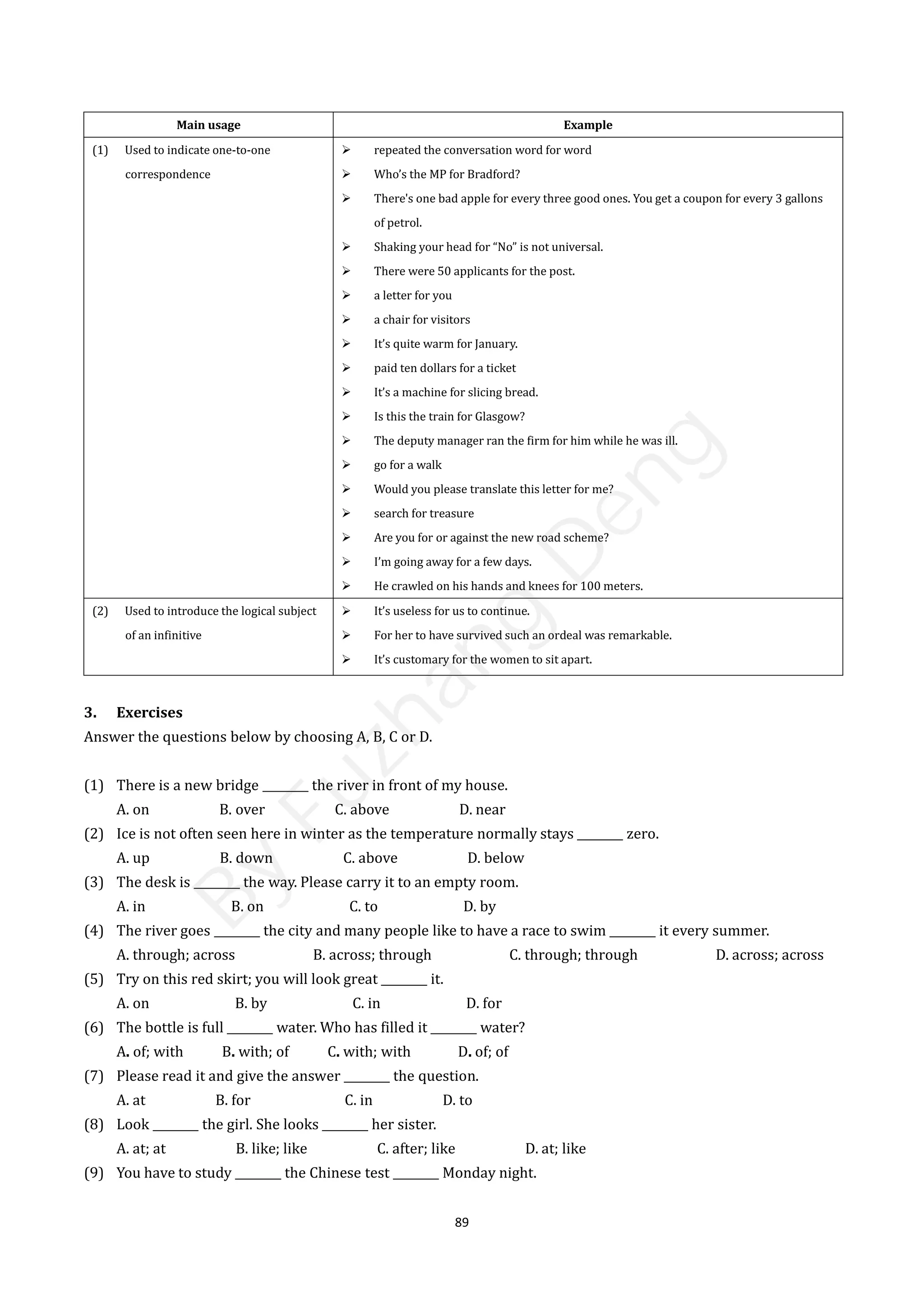 89
Main usage Example
(1) Used to indicate one-to-one
correspondence
 repeated the conversation word for word
 Who’s the MP for Bradford?
 There's one bad apple for every three good ones. You get a coupon for every 3 gallons
of petrol.
 Shaking your head for “No” is not universal.
 There were 50 applicants for the post.
 a letter for you
 a chair for visitors
 It’s quite warm for January.
 paid ten dollars for a ticket
 It’s a machine for slicing bread.
 Is this the train for Glasgow?
 The deputy manager ran the firm for him while he was ill.
 go for a walk
 Would you please translate this letter for me?
 search for treasure
 Are you for or against the new road scheme?
 I’m going away for a few days.
 He crawled on his hands and knees for 100 meters.
(2) Used to introduce the logical subject
of an infinitive
 It’s useless for us to continue.
 For her to have survived such an ordeal was remarkable.
 It’s customary for the women to sit apart.
3. Exercises
Answer the questions below by choosing A, B, C or D.
(1) There is a new bridge ________ the river in front of my house.
A. on B. over C. above D. near
(2) Ice is not often seen here in winter as the temperature normally stays ________ zero.
A. up B. down C. above D. below
(3) The desk is ________ the way. Please carry it to an empty room.
A. in B. on C. to D. by
(4) The river goes ________ the city and many people like to have a race to swim ________ it every summer.
A. through; across B. across; through C. through; through D. across; across
(5) Try on this red skirt; you will look great ________ it.
A. on B. by C. in D. for
(6) The bottle is full ________ water. Who has filled it ________ water?
A. of; with B. with; of C. with; with D. of; of
(7) Please read it and give the answer ________ the question.
A. at B. for C. in D. to
(8) Look ________ the girl. She looks ________ her sister.
A. at; at B. like; like C. after; like D. at; like
(9) You have to study ________ the Chinese test ________ Monday night.
B
y
F
u
z
h
a
n
g
D
e
n
g
 