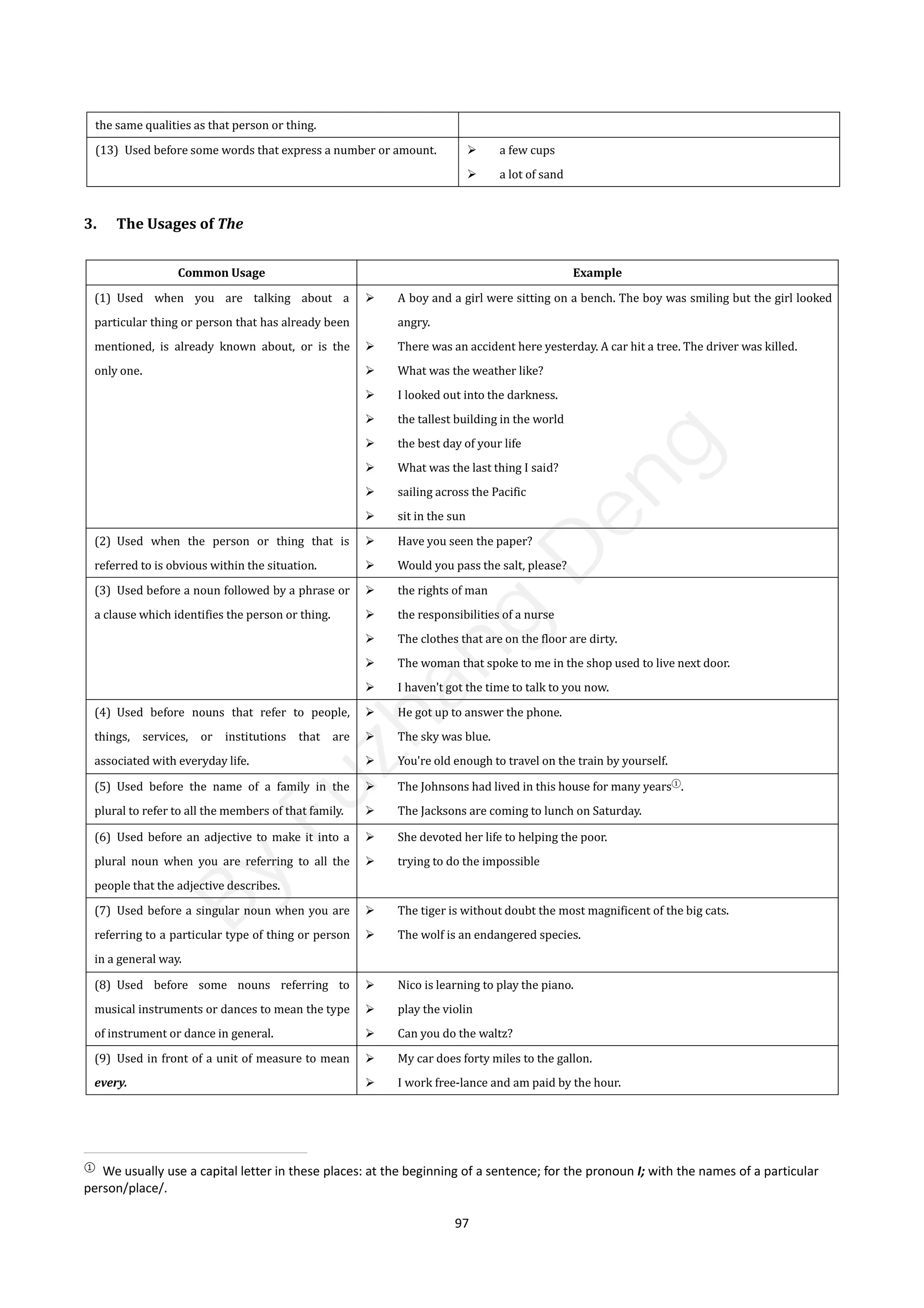 97
the same qualities as that person or thing.
(13) Used before some words that express a number or amount.  a few cups
 a lot of sand
3. The Usages of The
Common Usage Example
(1) Used when you are talking about a
particular thing or person that has already been
mentioned, is already known about, or is the
only one.
 A boy and a girl were sitting on a bench. The boy was smiling but the girl looked
angry.
 There was an accident here yesterday. A car hit a tree. The driver was killed.
 What was the weather like?
 I looked out into the darkness.
 the tallest building in the world
 the best day of your life
 What was the last thing I said?
 sailing across the Pacific
 sit in the sun
(2) Used when the person or thing that is
referred to is obvious within the situation.
 Have you seen the paper?
 Would you pass the salt, please?
(3) Used before a noun followed by a phrase or
a clause which identifies the person or thing.
 the rights of man
 the responsibilities of a nurse
 The clothes that are on the floor are dirty.
 The woman that spoke to me in the shop used to live next door.
 I haven't got the time to talk to you now.
(4) Used before nouns that refer to people,
things, services, or institutions that are
associated with everyday life.
 He got up to answer the phone.
 The sky was blue.
 You're old enough to travel on the train by yourself.
(5) Used before the name of a family in the
plural to refer to all the members of that family.
 The Johnsons had lived in this house for many years①
.
 The Jacksons are coming to lunch on Saturday.
(6) Used before an adjective to make it into a
plural noun when you are referring to all the
people that the adjective describes.
 She devoted her life to helping the poor.
 trying to do the impossible
(7) Used before a singular noun when you are
referring to a particular type of thing or person
in a general way.
 The tiger is without doubt the most magnificent of the big cats.
 The wolf is an endangered species.
(8) Used before some nouns referring to
musical instruments or dances to mean the type
of instrument or dance in general.
 Nico is learning to play the piano.
 play the violin
 Can you do the waltz?
(9) Used in front of a unit of measure to mean
every.
 My car does forty miles to the gallon.
 I work free-lance and am paid by the hour.
①
We usually use a capital letter in these places: at the beginning of a sentence; for the pronoun I; with the names of a particular
person/place/.
B
y
F
u
z
h
a
n
g
D
e
n
g
 