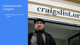 Craig Newmark,
Craigslist
Request and Gives from Craig’s
friends
 