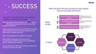 SUCCESS
Think about the difference between the WHAT and the
HOW. The difference between the end result and the
progress to...