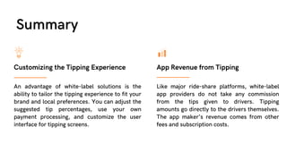 Summary
An advantage of white-label solutions is the
ability to tailor the tipping experience to fit your
brand and local preferences. You can adjust the
suggested tip percentages, use your own
payment processing, and customize the user
interface for tipping screens.
Customizing the Tipping Experience
Like major ride-share platforms, white-label
app providers do not take any commission
from the tips given to drivers. Tipping
amounts go directly to the drivers themselves.
The app maker's revenue comes from other
fees and subscription costs.
App Revenue from Tipping
 