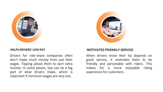 Drivers for ride-share companies often
don't make much money from just their
wages. Tipping allows them to earn extra
income. In some places, tips can be a big
part of what drivers make, which is
important if minimum wages are very low.
When drivers know their tip depends on
good service, it motivates them to be
friendly and personable with riders. This
makes for a more enjoyable riding
experience for customers.
MOTIVATES FRIENDLY SERVICE
HELPS DRIVERS' LOW PAY
 