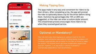 Making Tipping Easy
The apps make it very easy and convenient for riders to tip
their drivers. After completing a trip, the app will prompt
the rider to optionally leave a tip for the driver before rating
them. Common tip percentages like 15% or 20% are
suggested, or the rider can enter a custom dollar amount.
This streamlined process encourages more riders to tip
when they received good service.
Most ride-share apps leave tipping as an optional choice for the rider.
However, some companies have explored making tipping mandatory and
including it automatically, with an option for the rider to remove or adjust
the amount. This ensures drivers get some compensation beyond their
base fare. However, it can also lead to customer frustration if
automatically added without their full awareness.
Optional or Mandatory?
 