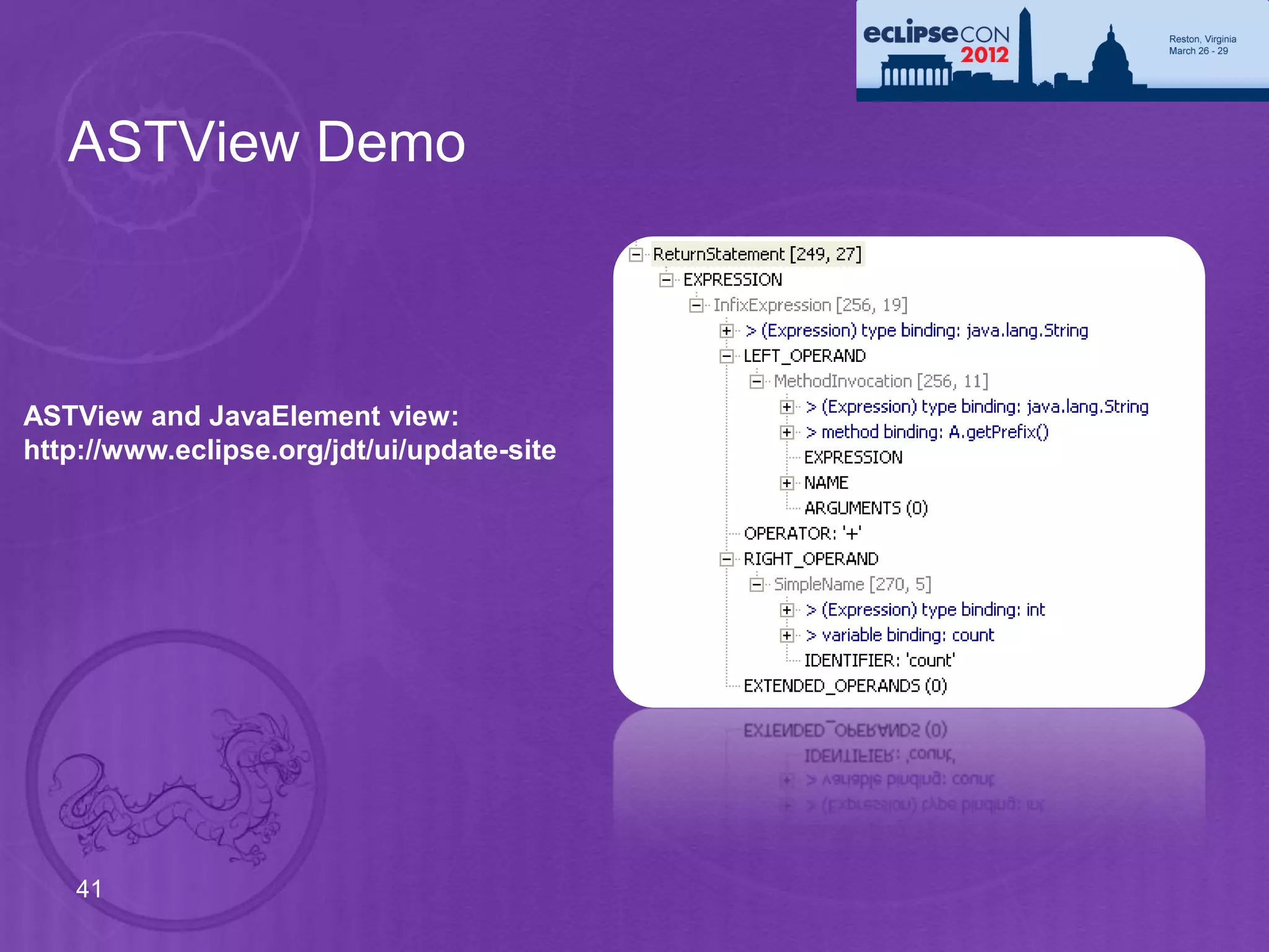 ASTView Demo



ASTView and JavaElement view:
http://www.eclipse.org/jdt/ui/update-site




    41
 