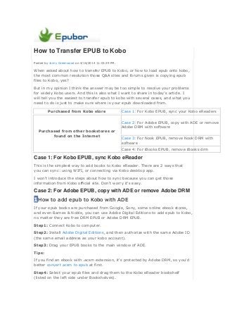 How to Transfer EPUB to Kobo
Posted by Jonny Greenwood on 4/16/2014 11:03:39 PM.
When asked about how to transfer EPUB to Kobo, or how to load epub onto kobo,
the most common resolution those Q&A sites and forums given is copying epub
files to Kobo, yes?
But in my opinion I think the answer may be too simple to resolve your problems
for widely Kobo users. And this is also what I want to share in today's article. I
will tell you the easiest to transfer epub to kobo with several cases, and what you
need to do is just to make sure where is your epub downloaded from.
Purchased from Kobo store Case 1: For Kobo EPUB, sync your Kobo eReaders
Purchased from other bookstores or
found on the Internet
Case 2: For Adobe EPUB, copy with ADE or remove
Adobe DRM with software
Case 3: For Nook EPUB, remove Nook DRM with
software
Case 4: For iBooks EPUB, remove iBooks drm
Case 1: For Kobo EPUB, sync Kobo eReader
This is the simplest way to add books to Kobo eReader. There are 2 ways that
you can sync: using WIFI, or connecting via Kobo desktop app.
I won't introduce the steps about how to sync because you can get those
information from Kobo official site. Don't worry it's easy.
Case 2: For Adobe EPUB, copy with ADE or remove Adobe DRM
1How to add epub to Kobo with ADE
If your epub books are purchased from Google, Sony, some online ebook stores,
and even Barnes & Noble, you can use Adobe Digital Editions to add epub to Kobo,
no matter they are free DRM EPUB or Adobe DRM EPUB.
Step1: Connect Kobo to computer.
Step2: Install Adobe Digital Editions, and then authorize with the same Adobe ID
(the same email address as your kobo account).
Step3: Drag your EPUB books to the main window of ADE.
Tips:
If you find an ebook with .acsm extension, it's protected by Adobe DRM, so you'd
better convert acsm to epub at first.
Step4: Select your epub files and drag them to the Kobo eReader bookshelf
(listed on the left side under Bookshelves).
 