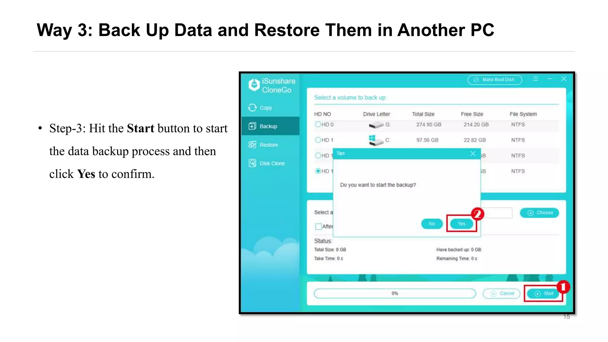 15
Way 3: Back Up Data and Restore Them in Another PC
• Step-3: Hit the Start button to start
the data backup process and then
click Yes to confirm.
 