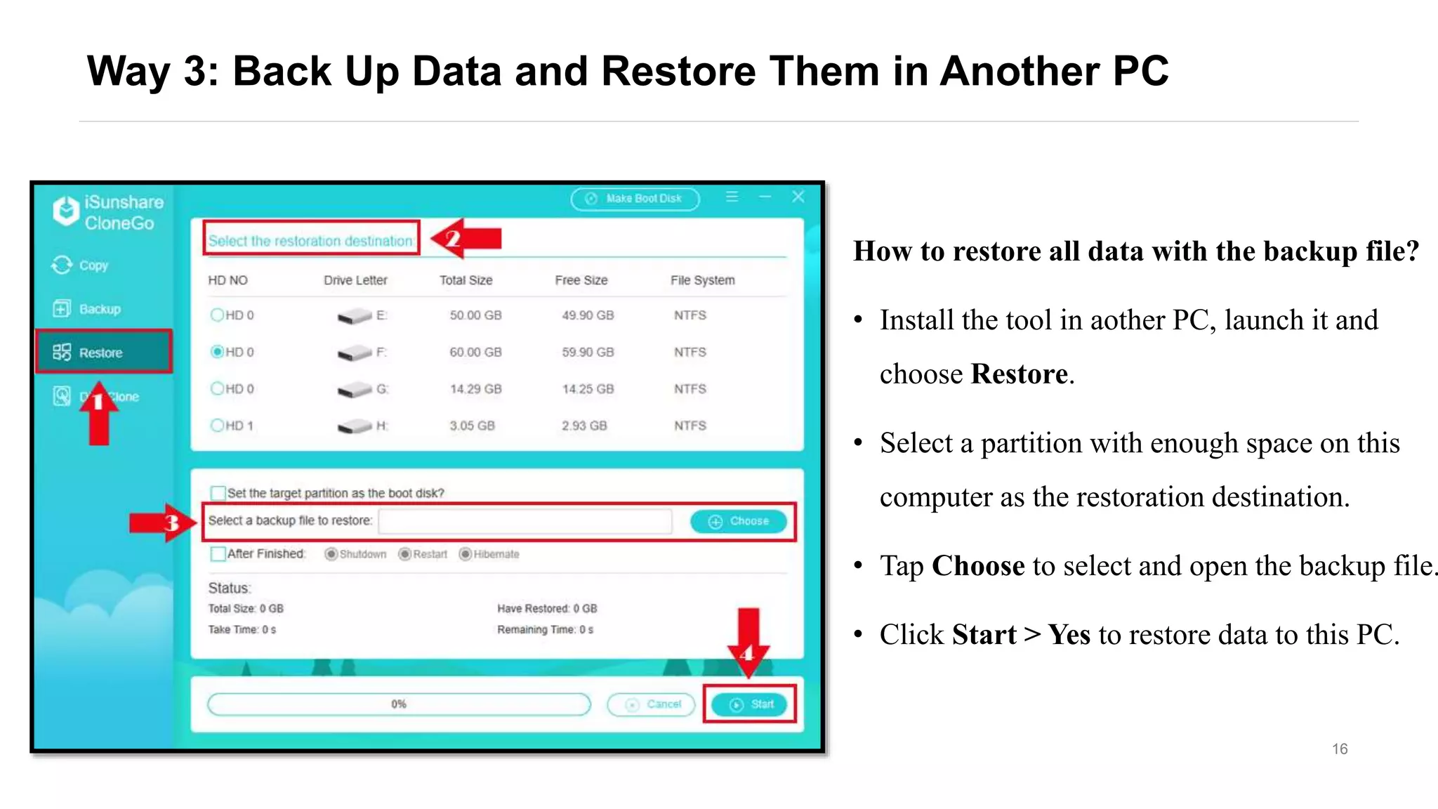 16
Way 3: Back Up Data and Restore Them in Another PC
How to restore all data with the backup file?
• Install the tool in aother PC, launch it and
choose Restore.
• Select a partition with enough space on this
computer as the restoration destination.
• Tap Choose to select and open the backup file.
• Click Start > Yes to restore data to this PC.
 