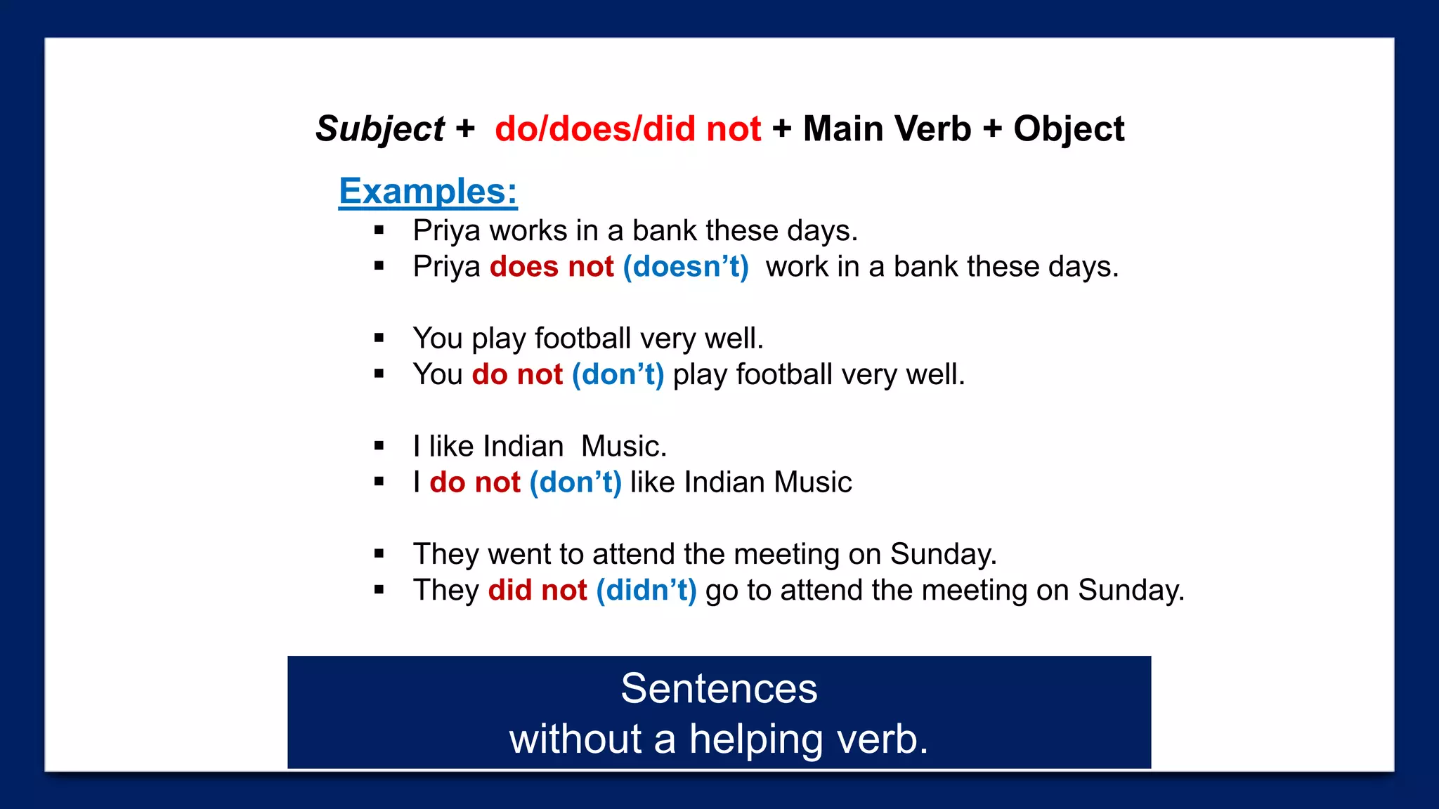 Subject + do/does/did not + Main Verb + Object
Examples:
 Priya works in a bank these days.
 Priya does not (doesn’t) work in a bank these days.
 You play football very well.
 You do not (don’t) play football very well.
 I like Indian Music.
 I do not (don’t) like Indian Music
 They went to attend the meeting on Sunday.
 They did not (didn’t) go to attend the meeting on Sunday.
Sentences
without a helping verb.
 