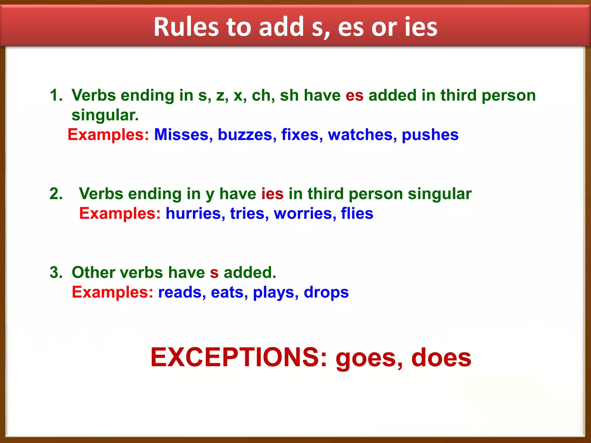Rules to add s, es or ies
1. Verbs ending in s, z, x, ch, sh have es added in third person
singular.
Examples: Misses, buzzes, fixes, watches, pushes

2. Verbs ending in y have ies in third person singular
Examples: hurries, tries, worries, flies

3. Other verbs have s added.
Examples: reads, eats, plays, drops

EXCEPTIONS: goes, does

 
