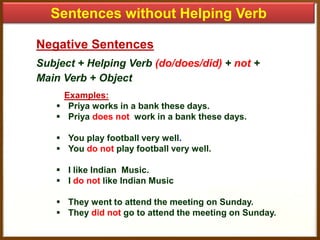 Sentences without Helping Verb
Negative Sentences
Subject + Helping Verb (do/does/did) + not +
Main Verb + Object
Examples:
 Priya works in a bank these days.
 Priya does not work in a bank these days.
 You play football very well.
 You do not play football very well.

 I like Indian Music.
 I do not like Indian Music
 They went to attend the meeting on Sunday.
 They did not go to attend the meeting on Sunday.

 